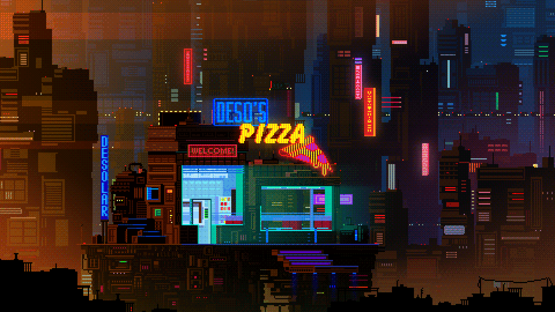 Pixel Art Pizza Science Fiction Digital Art Neon Sign Cyberpunk 1920x1080