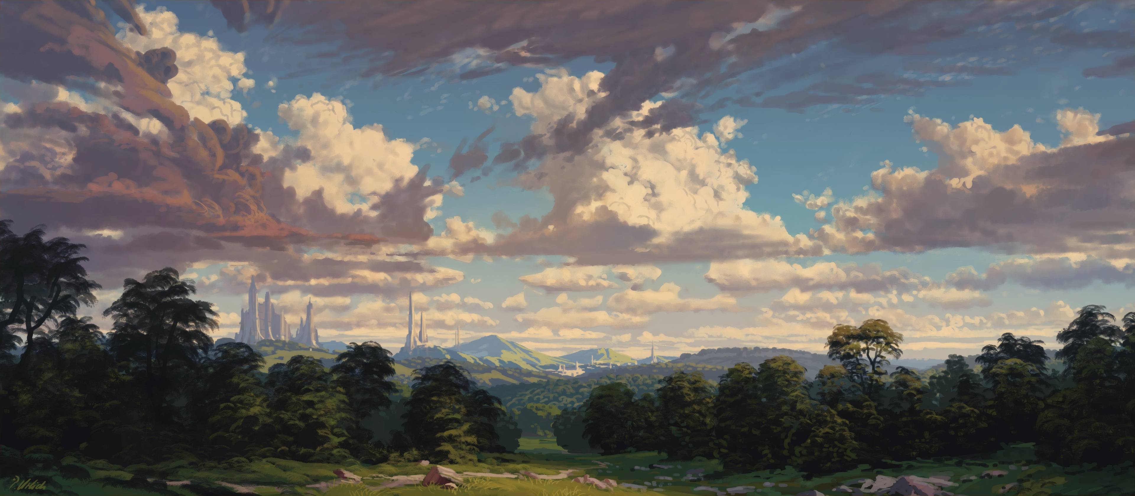 Philipp A Urlich Clouds Trees Hills Tower 3840x1678