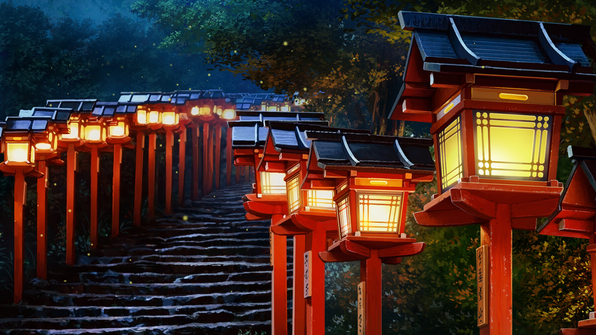 Lantern Japanese Letters Night Trees Stairs Fireflies Path Moonlight Stone Stairs Digital Art 1920x1080