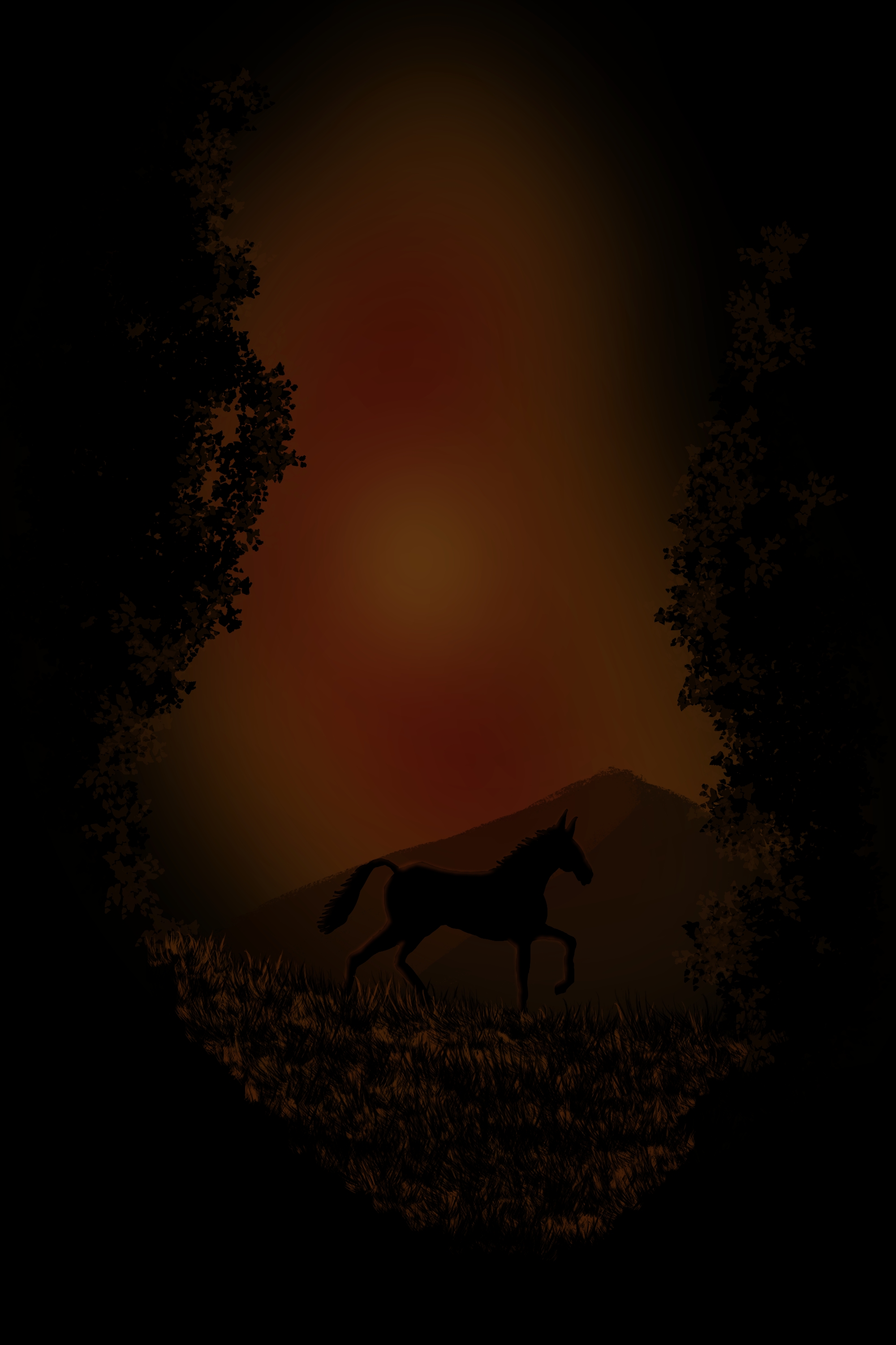 Horse Forest Mountains Sunset Trees Sun 2000x3000