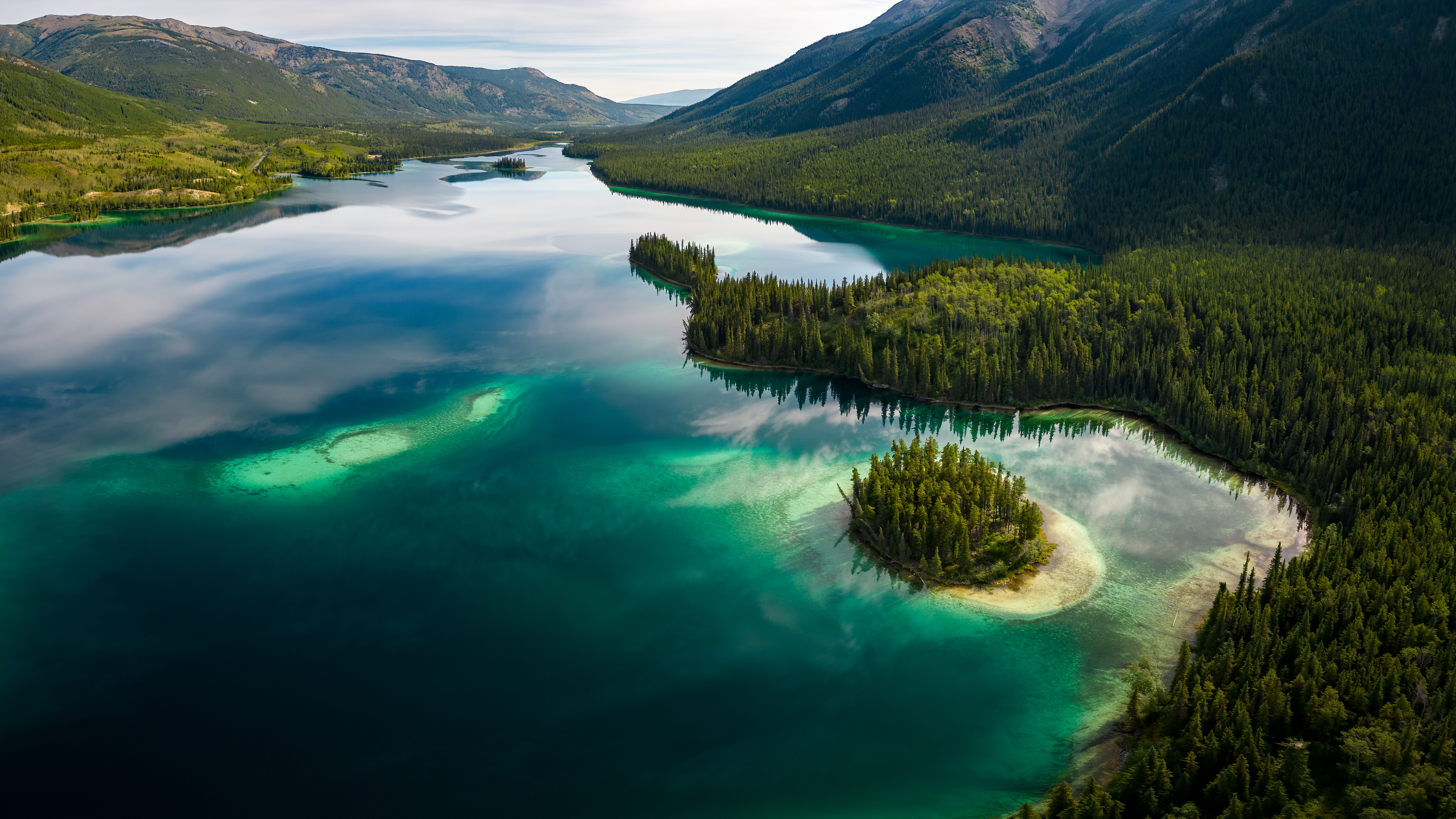 Nature Landscape River Water Island Trees Pine Trees Clear Water Mountains Drone Photo Aerial View J 6128x3447
