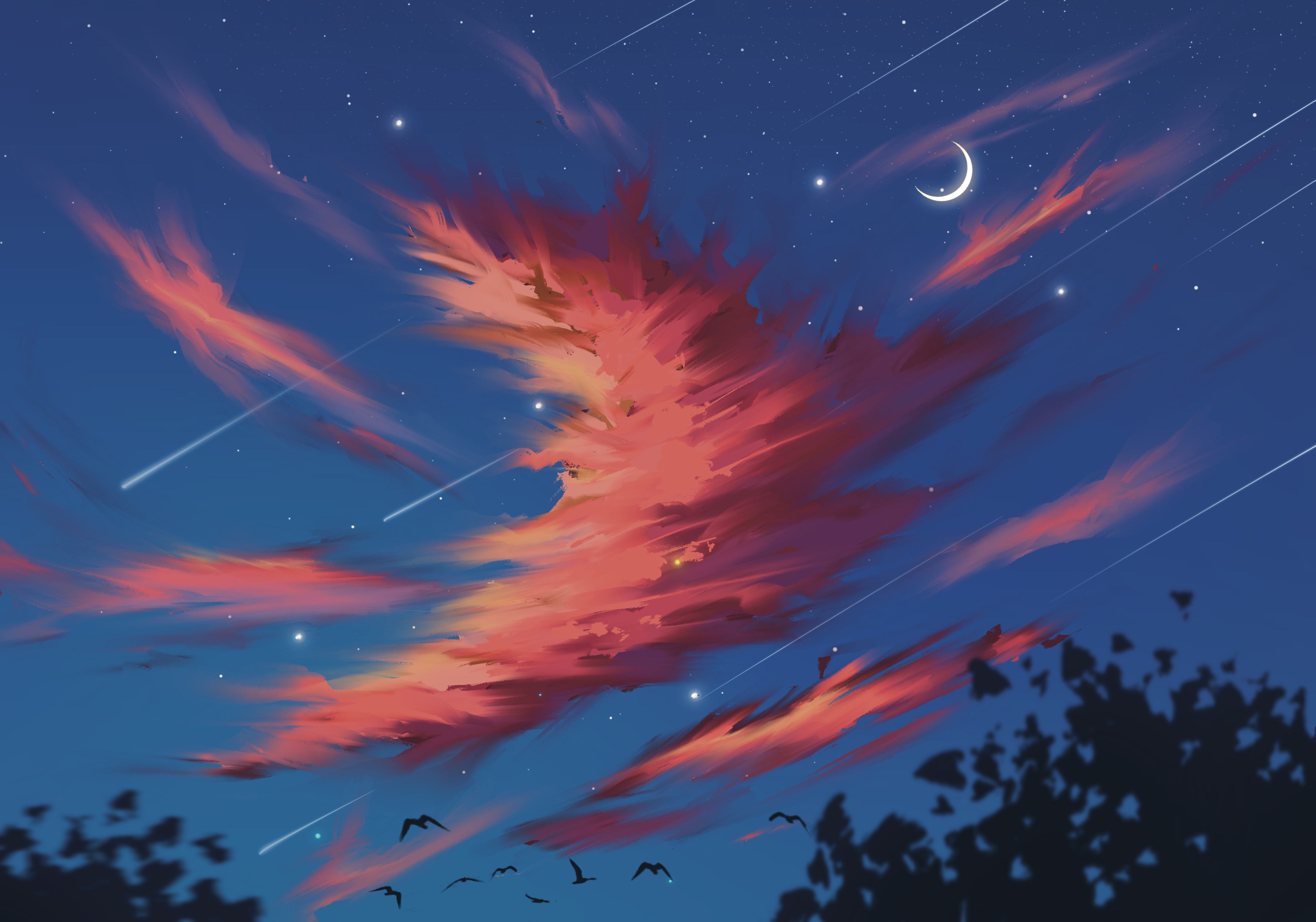 Digital Art Artwork Illustration Painting Sky Clouds Moon Birds Animals Stars Shooting Stars 4724x3307