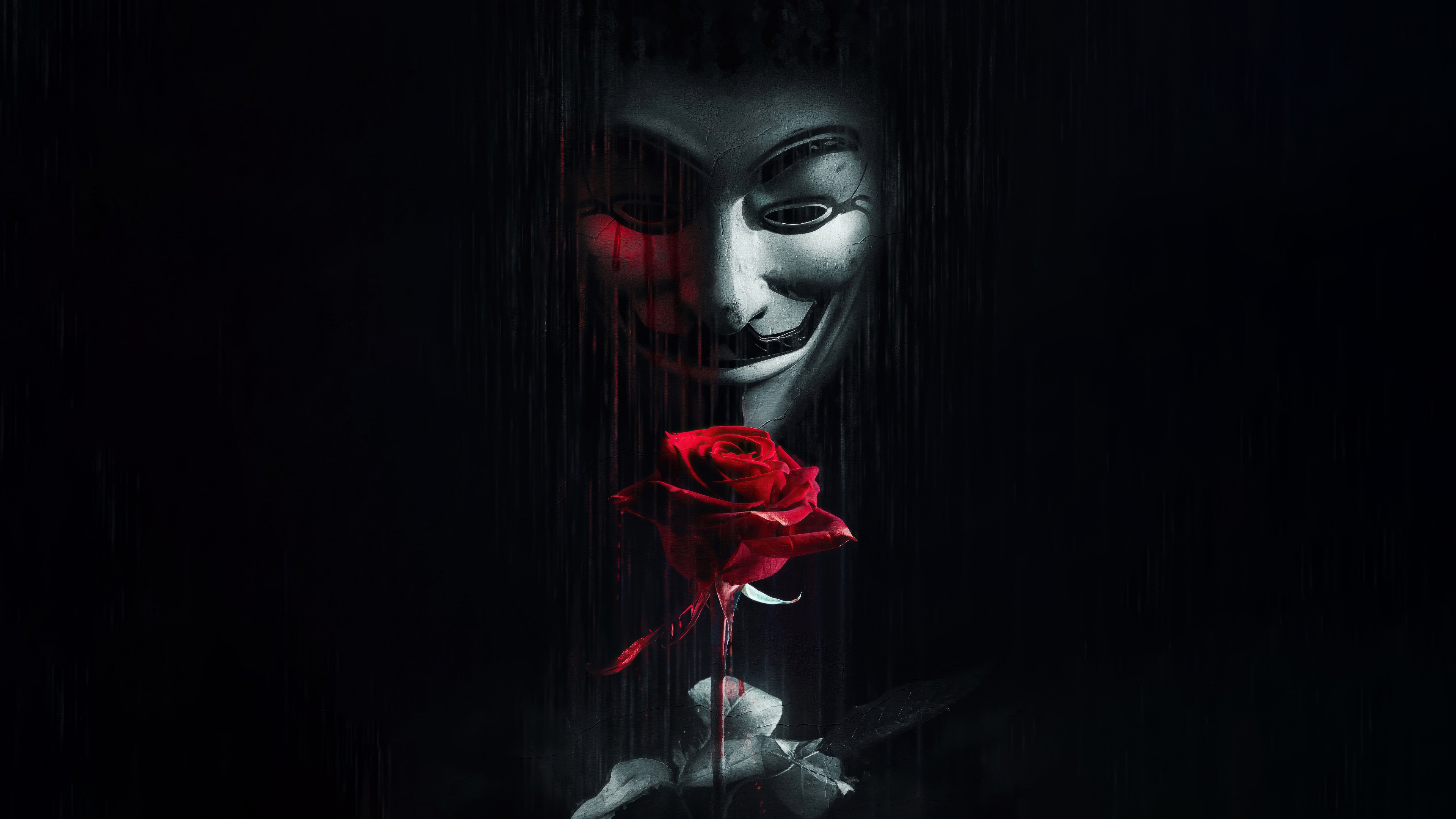 Anonymous Hacker Group Rose Black Background Digital Art Red Rain 3840x2160