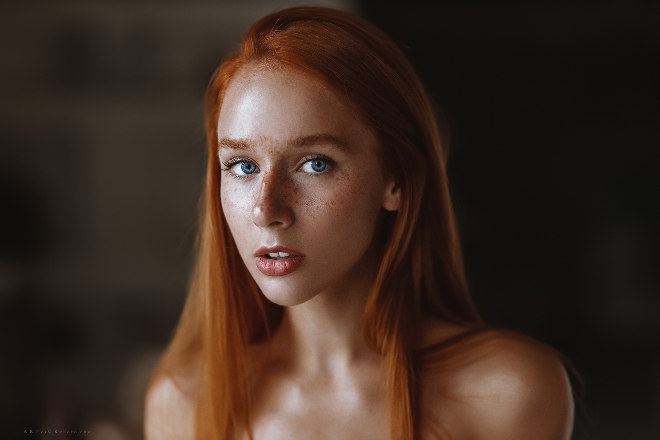 Stepan Kvardakov Women Redhead Portrait Freckles Blue Eyes Bare Shoulders 2160x1440