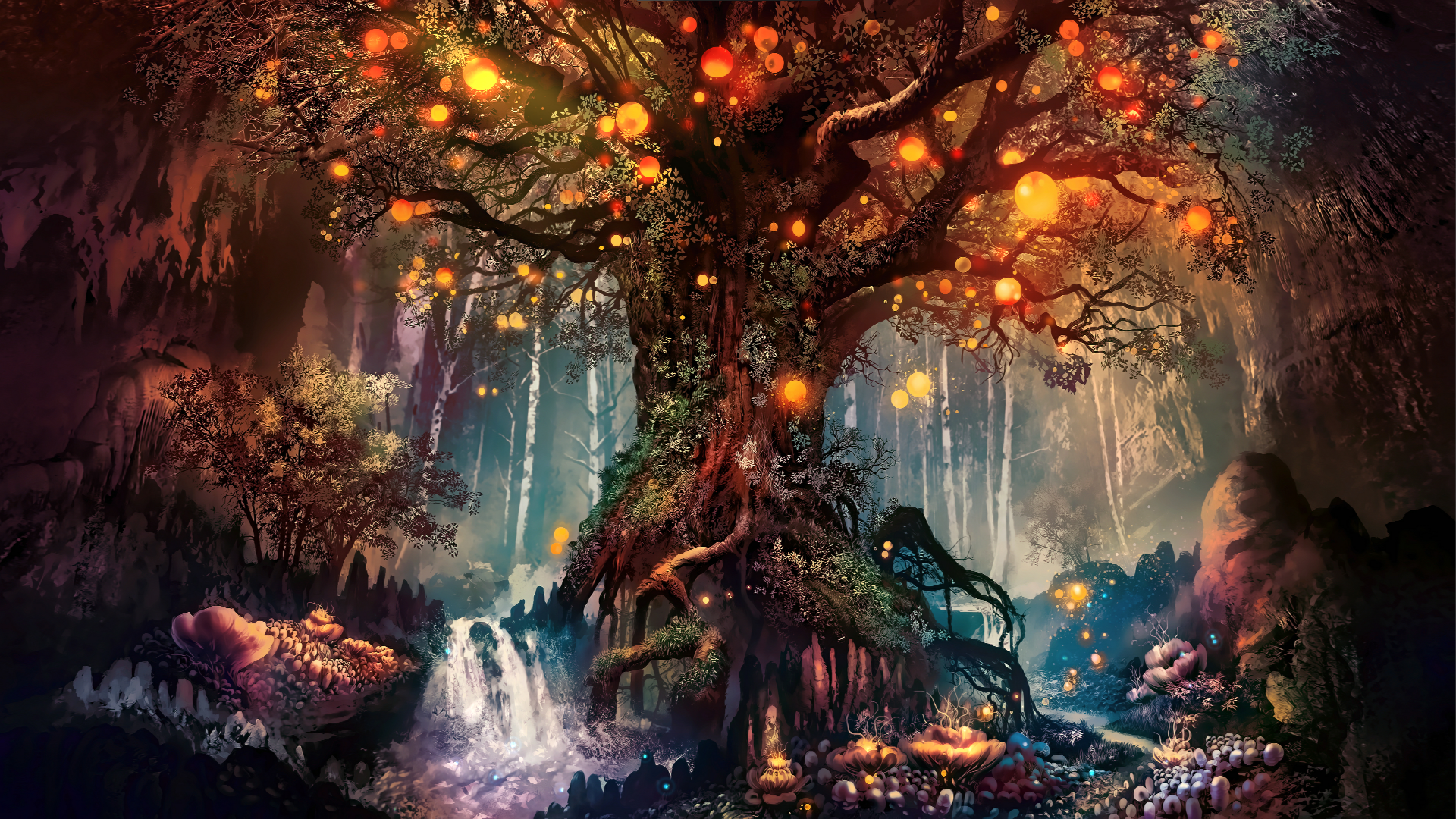 Tree Of The Earth Magic Forest Lights 1920x1080