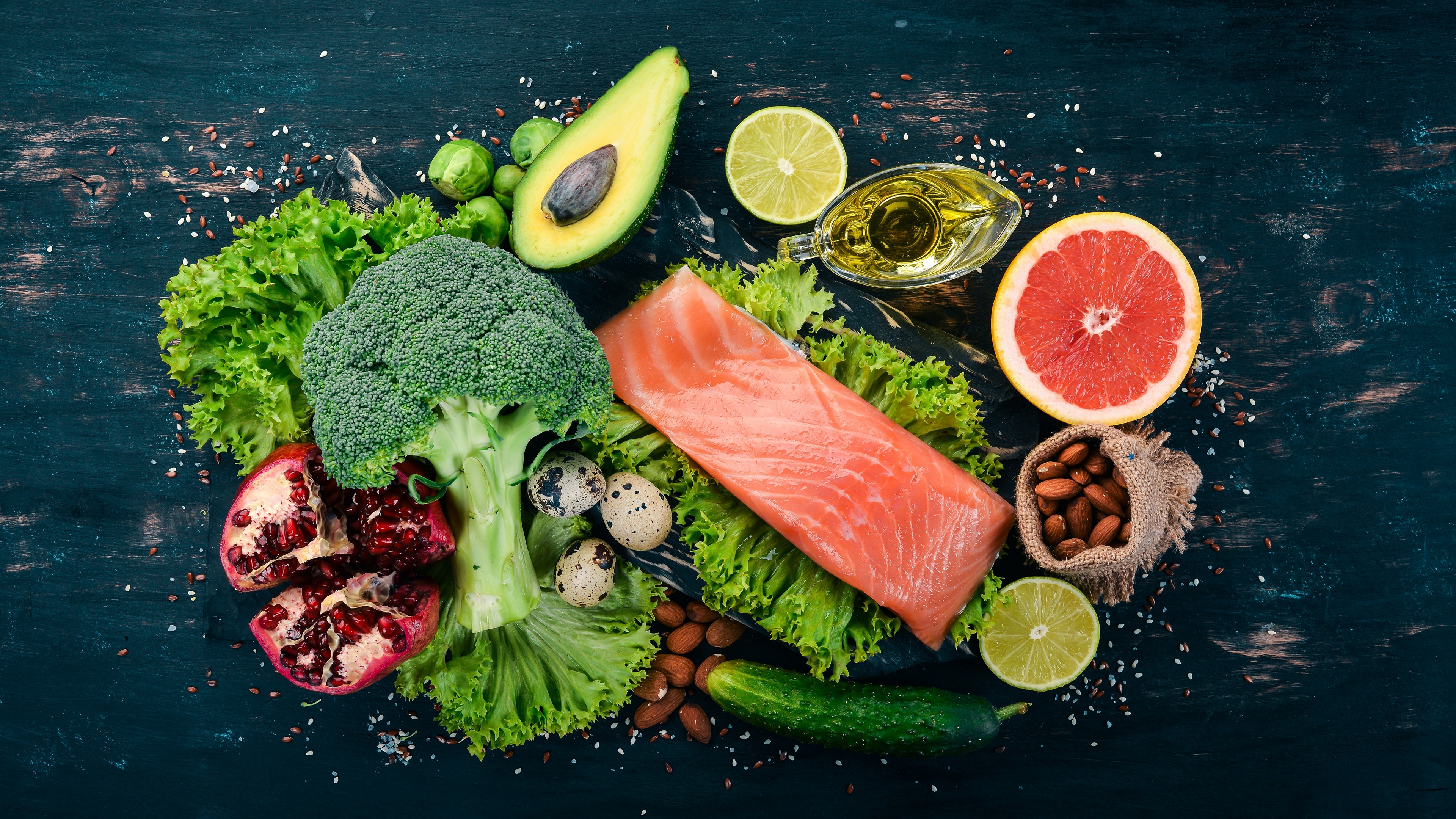 Food Olive Oil Salmon Avocados Cucumbers Lime Pomegranate Almonds Salad Grapefruits Simple Backgroun 3840x2160