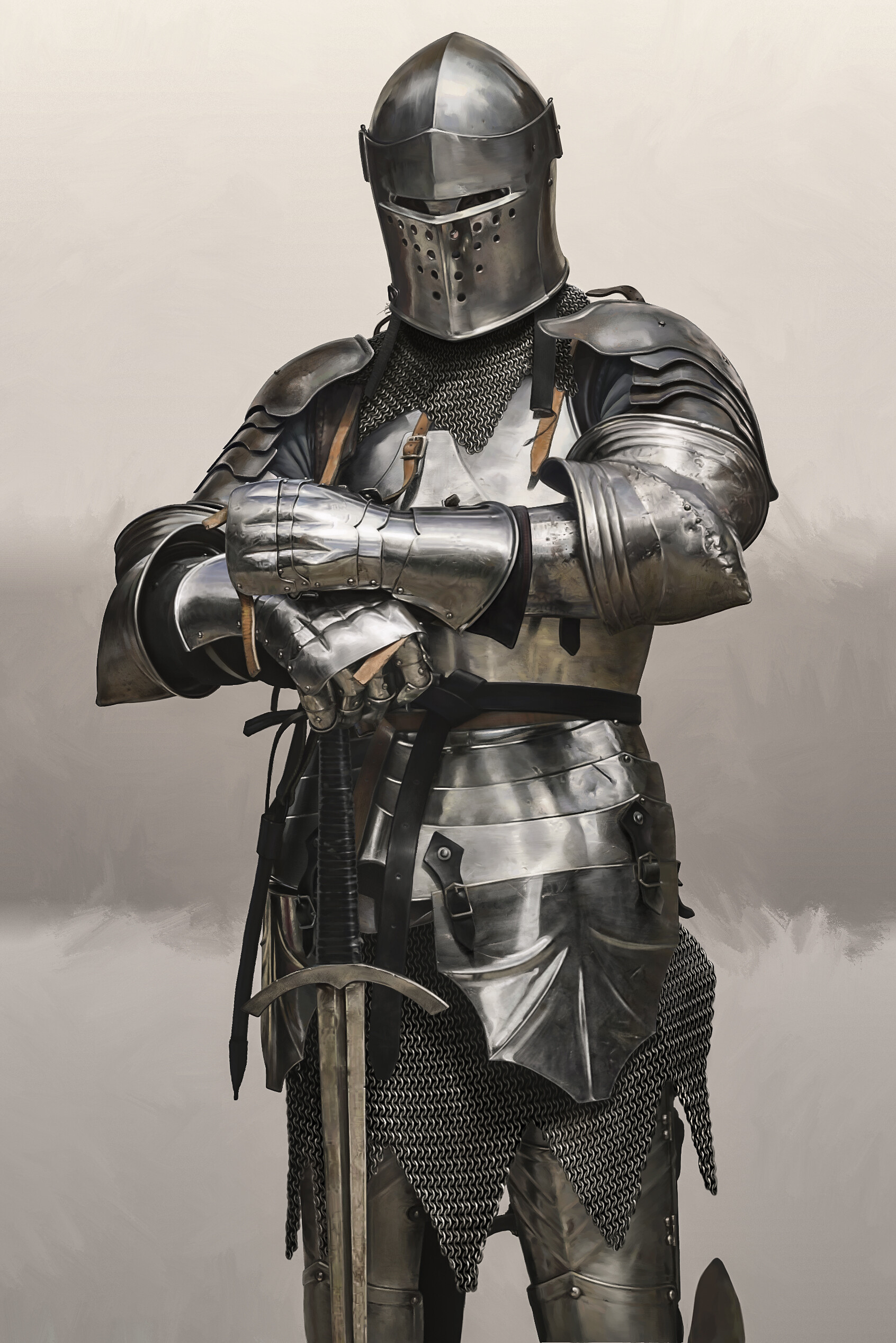 Armor Knight Medieval Helmet Gauntlets Cuirass Greaves Sword European Men Artwork Portrait Display 1692x2535
