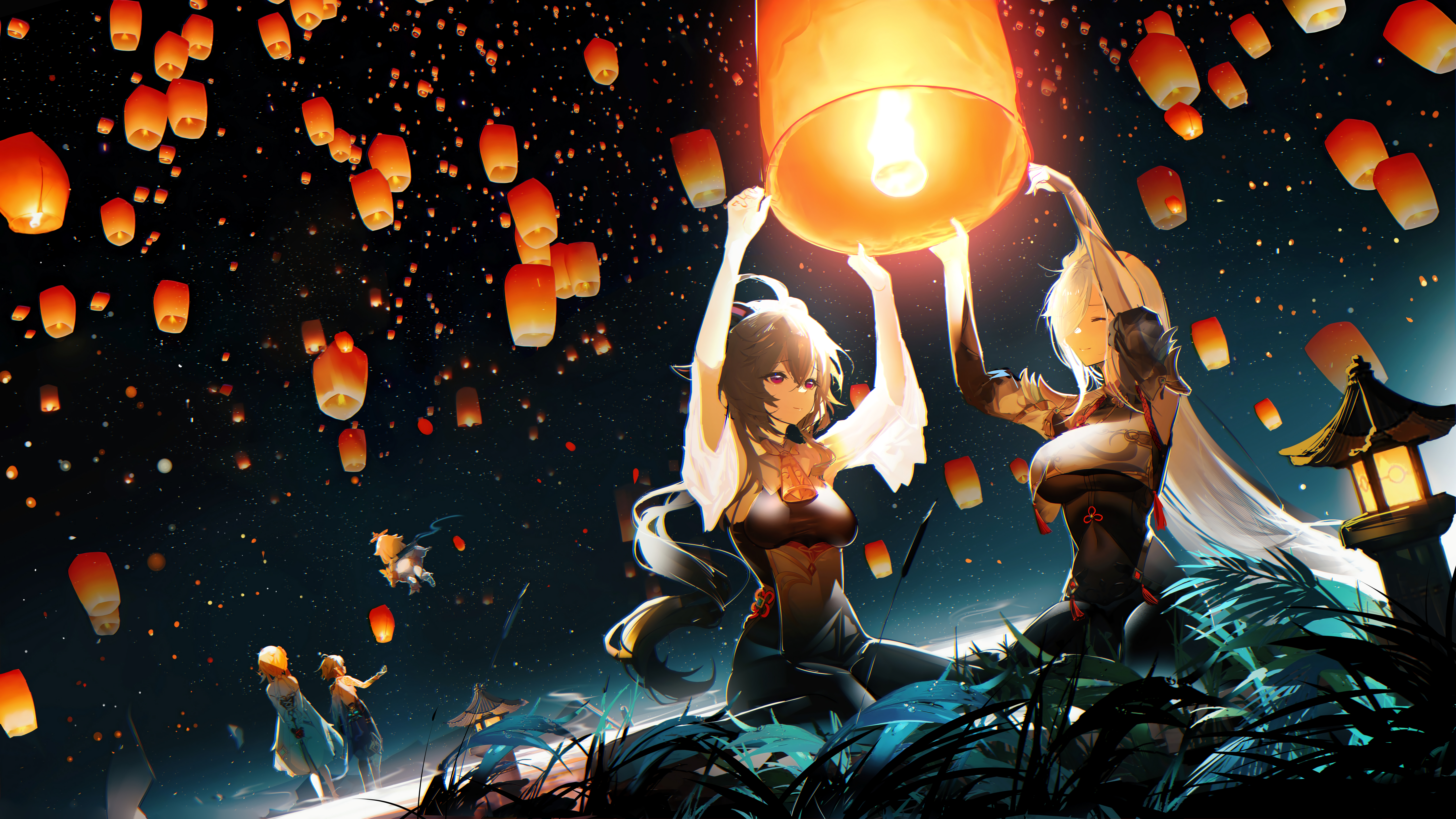 Anime Girls Two Women Flying Anime Lantern Night Festivals Shenhe Genshin Impact Ganyu Genshin Impac 6580x3700