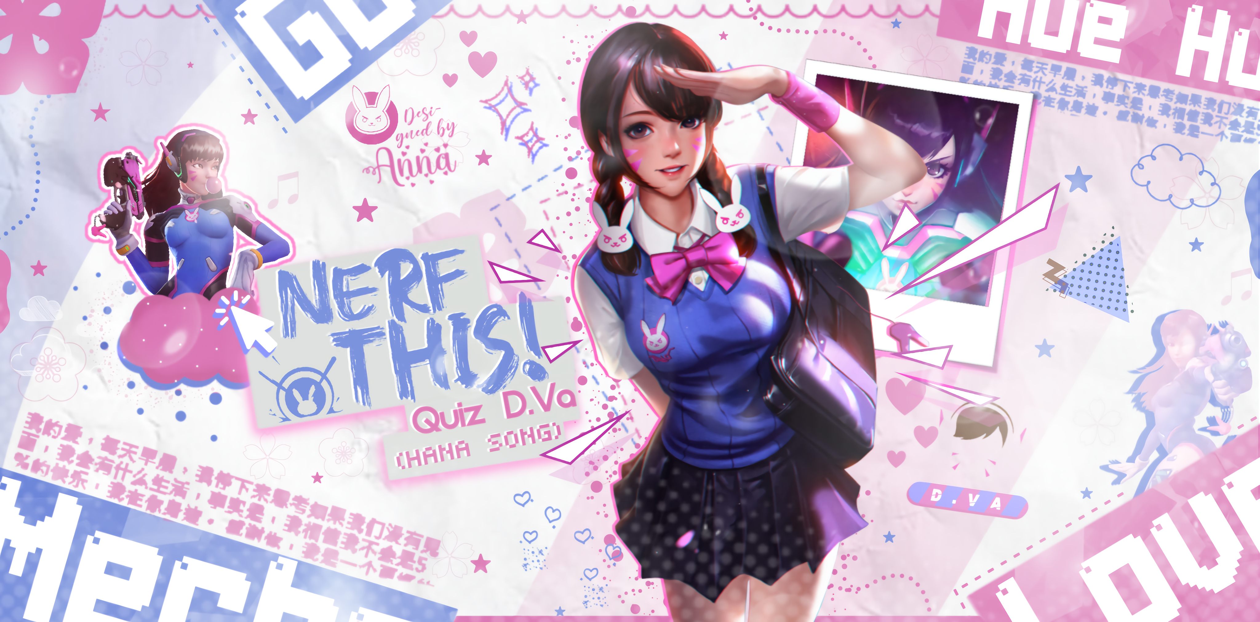 Overwatch Overwatch Anniversary D Va Overwatch Banner Pink Schoolgirl Brunette Blue Pink Bow 4096x2022