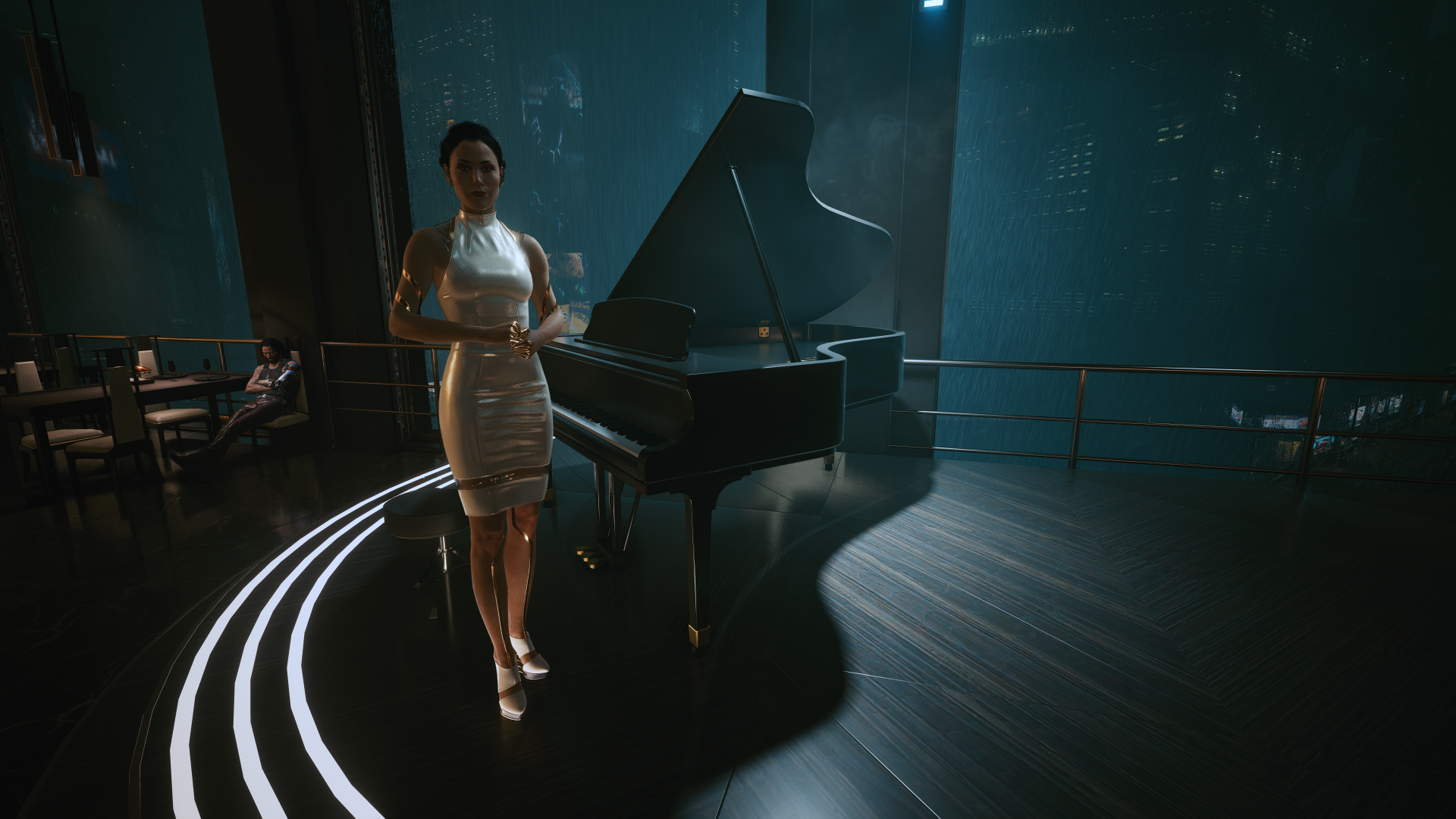 Cyberpunk 2077 CGi PC Gaming Screen Shot Video Game Characters Looking At Viewer Piano Hanako Arasak 1920x1080