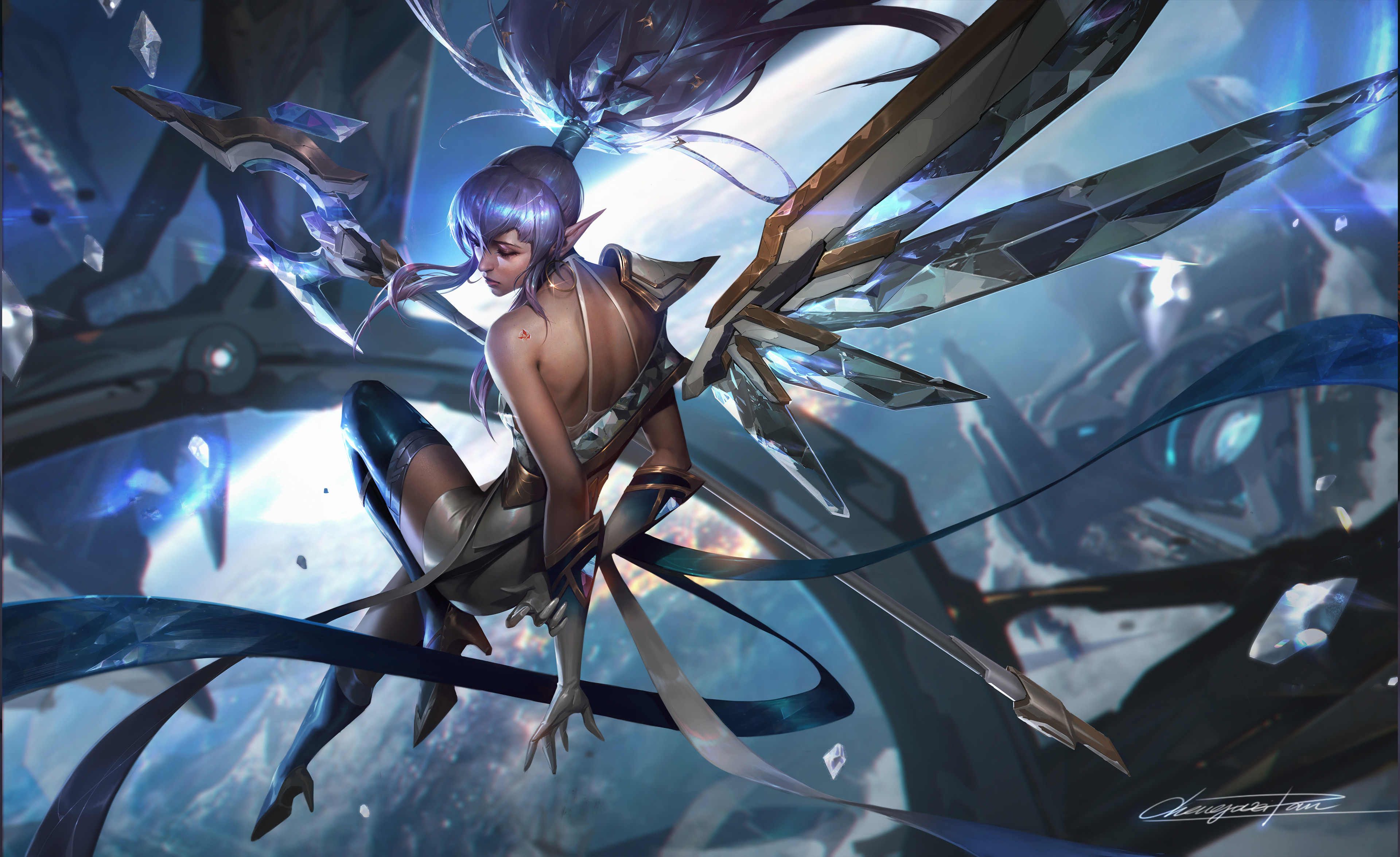 Chengwei Pan Drawing Janna League Of Legends Crystal Fantasy Art Flying Pointy Ears 3840x2349