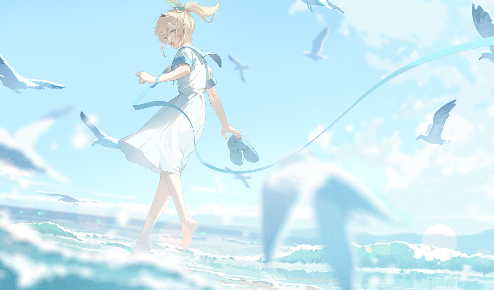 Anime Hololive Kazama Iroha Hana Mori Standing In Water Water Looking Back Blue Ribbons Sky Birds Wa 1700x1000