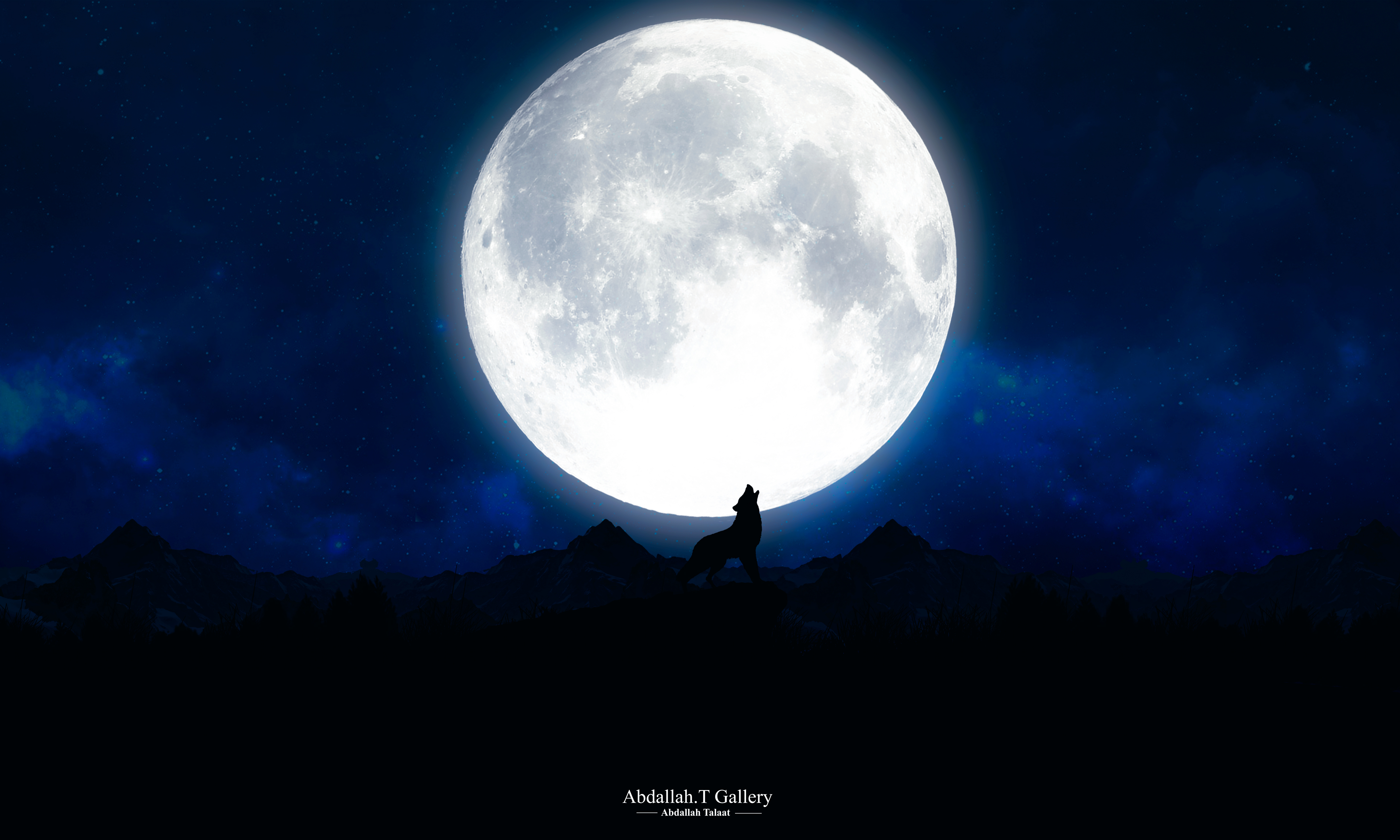 Wolf Night Full Moon Landscape Nature Abdallah Talaat Mountain Chain Fan Art Concept Art Photo Manip 4930x2959