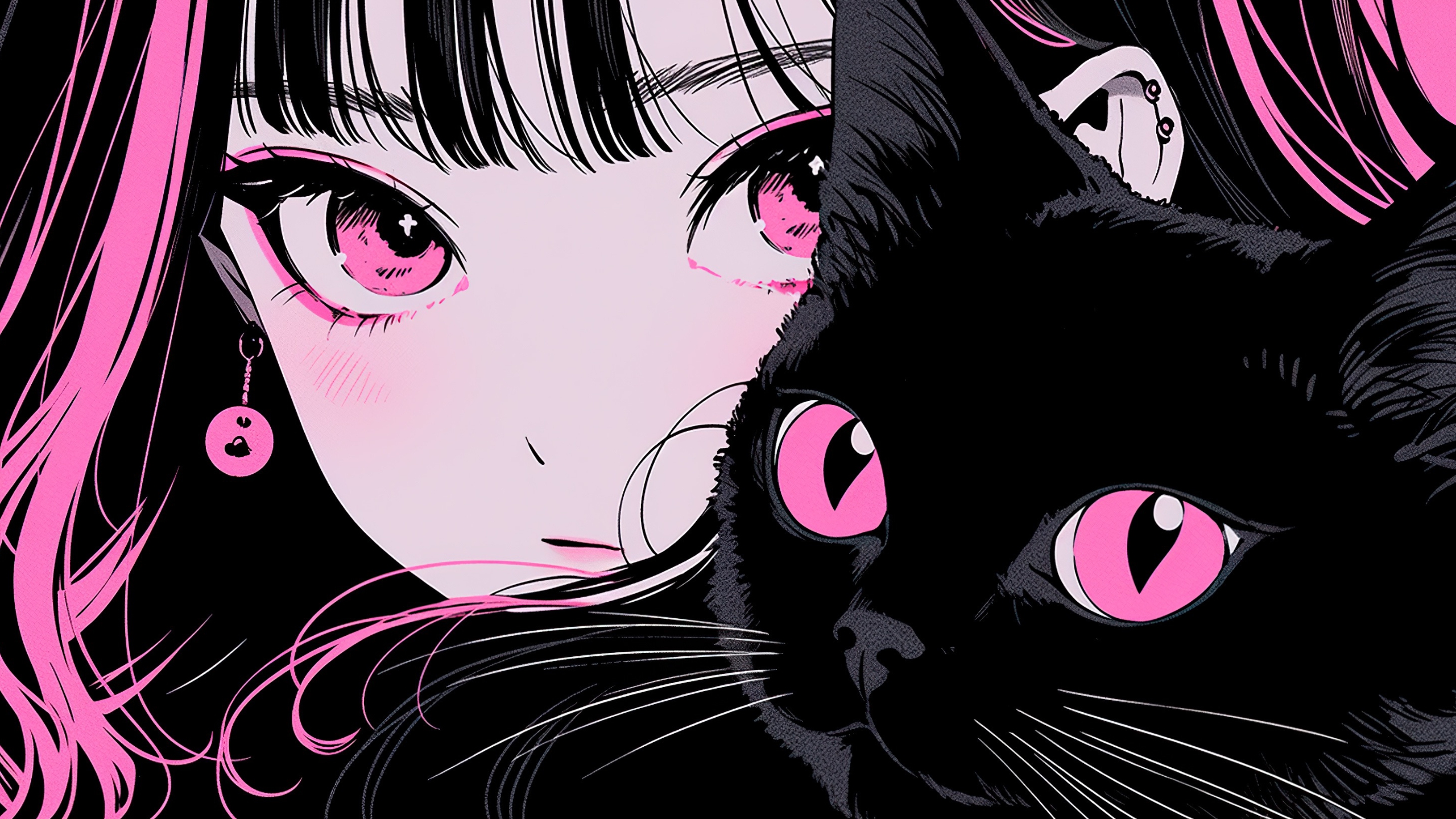Cat Girl Anime Girls Anime Creatures Black Cat Eyes Black Hair 2560x1440