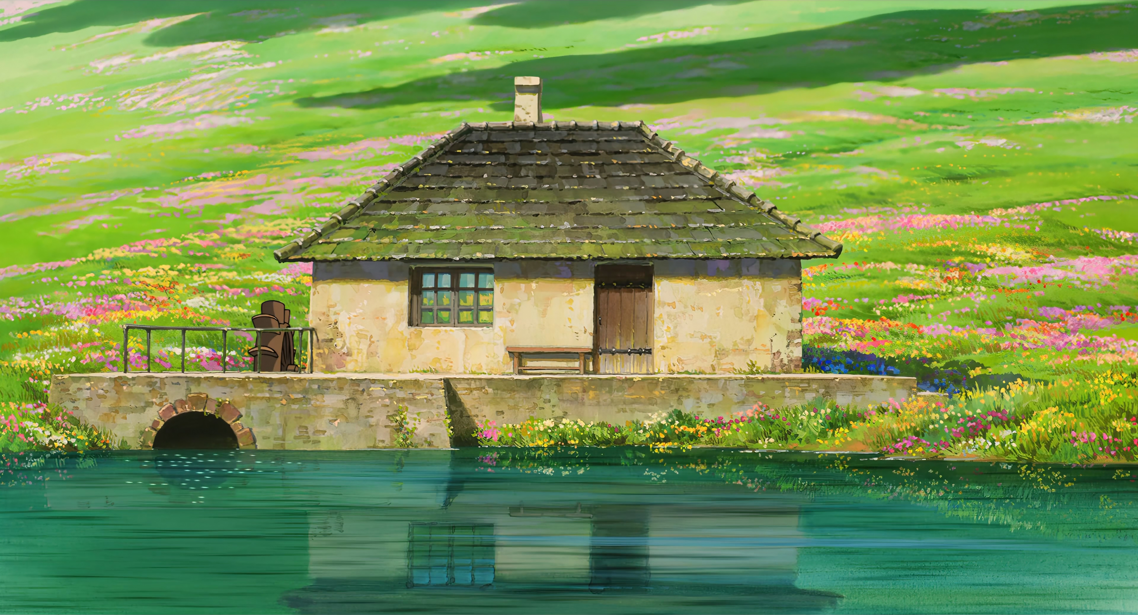 Howls Moving Castle Studio Ghibli Anime House Field Plants Reflection Water 3840x2075
