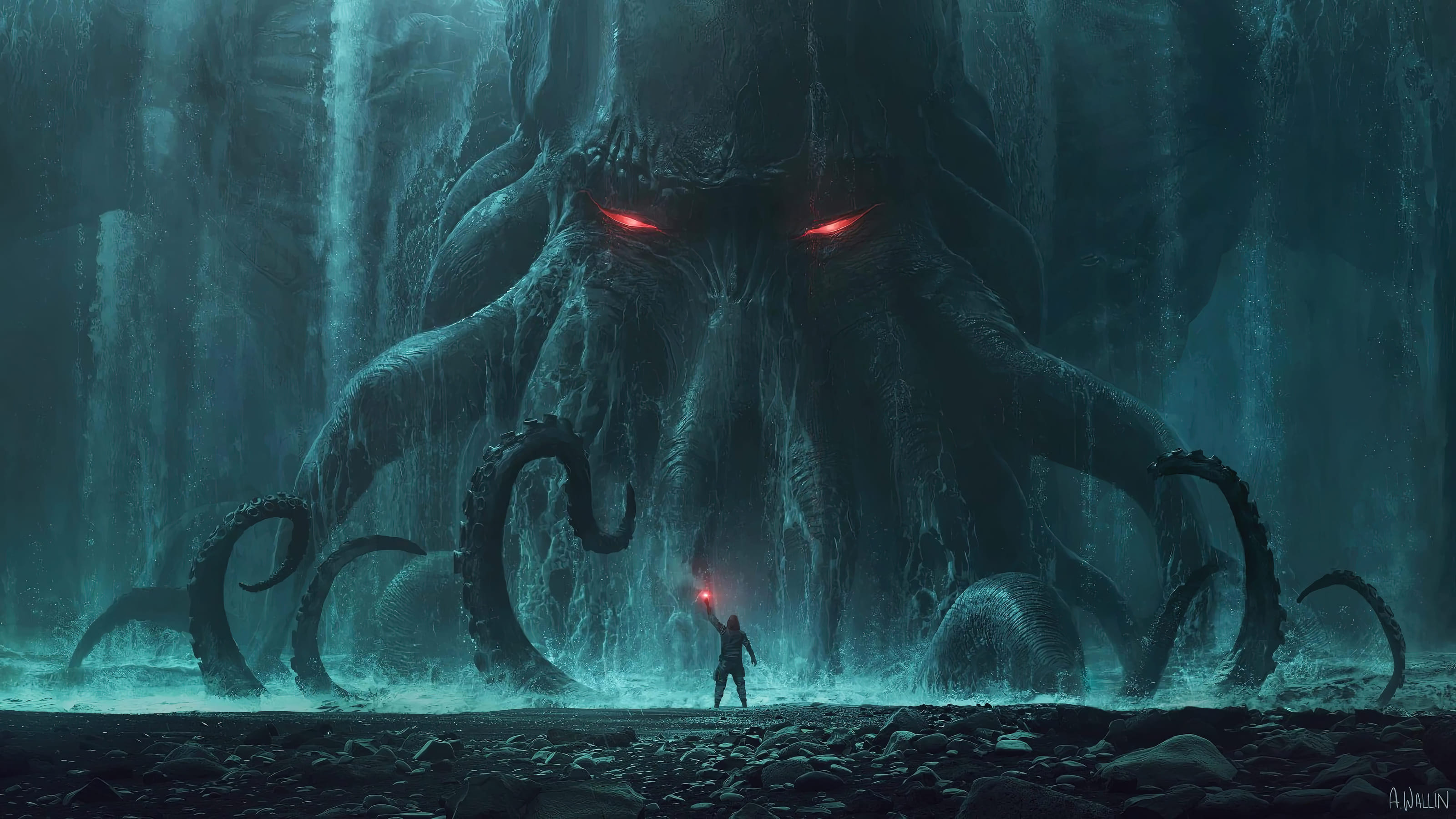 Digital Art Painting Drawing Andree Wallin Octopus 3200x1800