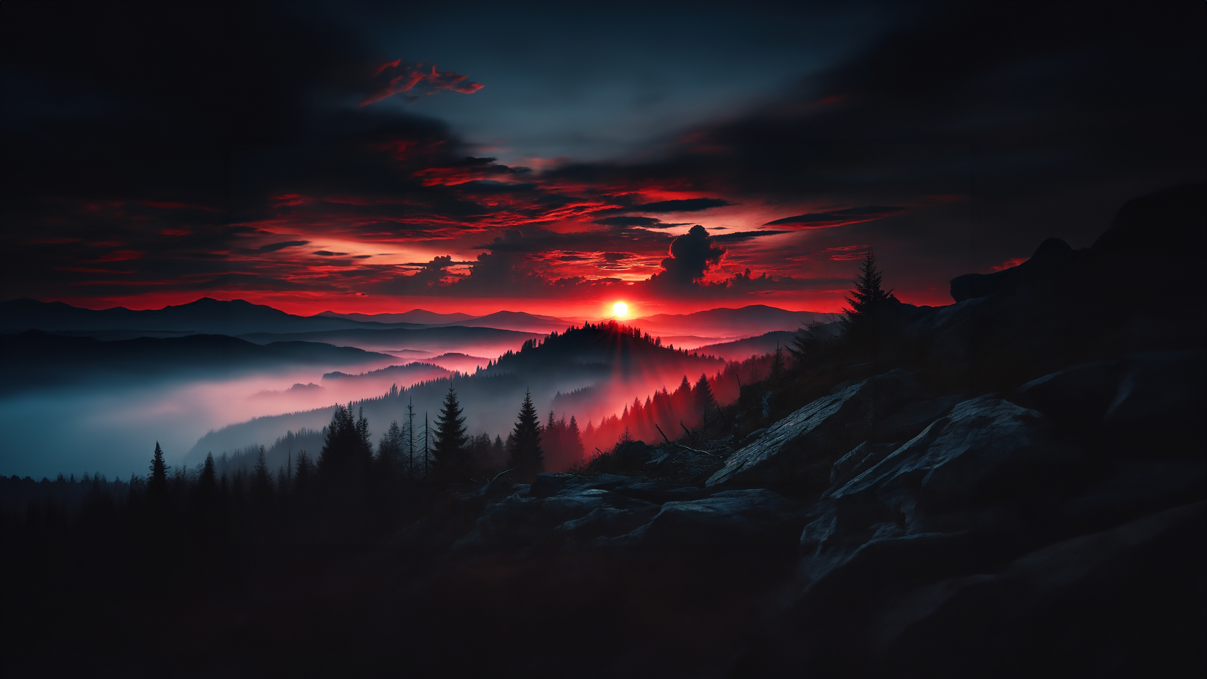 Nature Red Dark Wood Forest Sun Sunset Dawn Earth Hills Mountains Ai Art 3840x2160