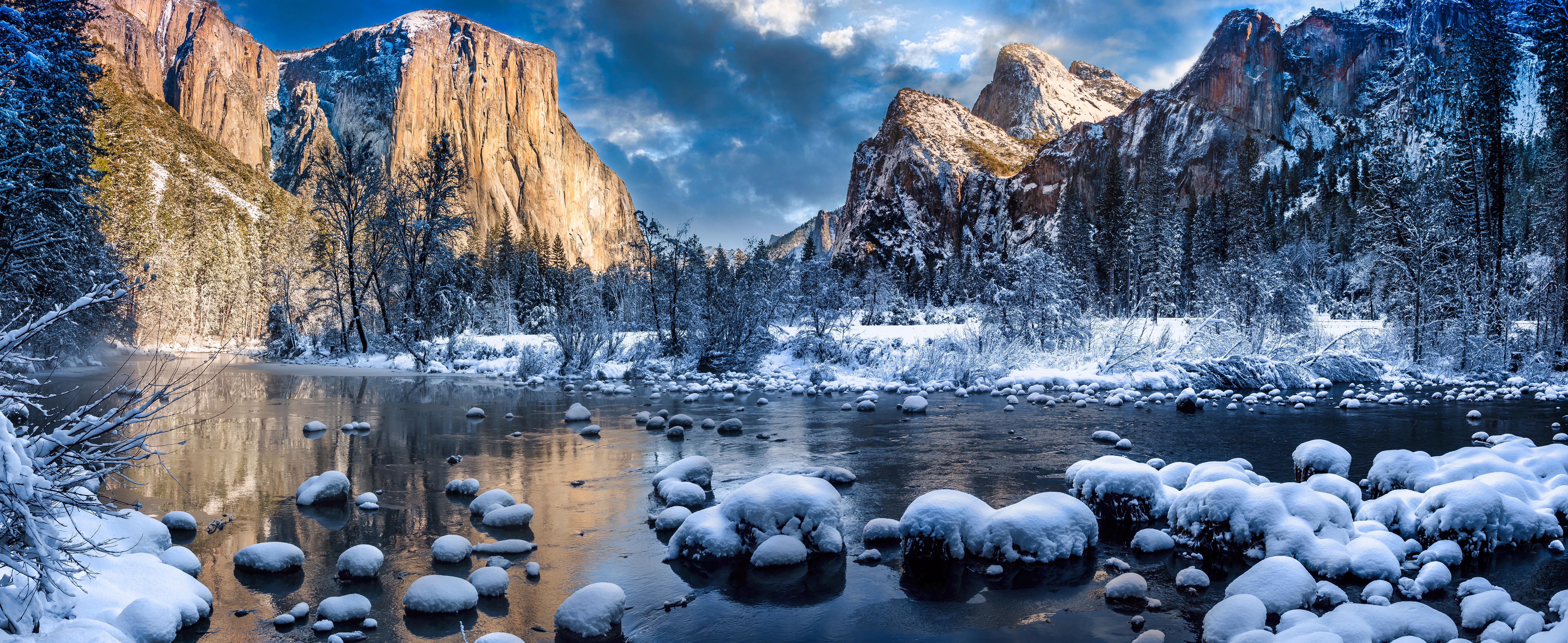 Yosemite National Park California USA Winter River Cliff Rocks Nature Landscape Forest Trees Snow 7846x3219