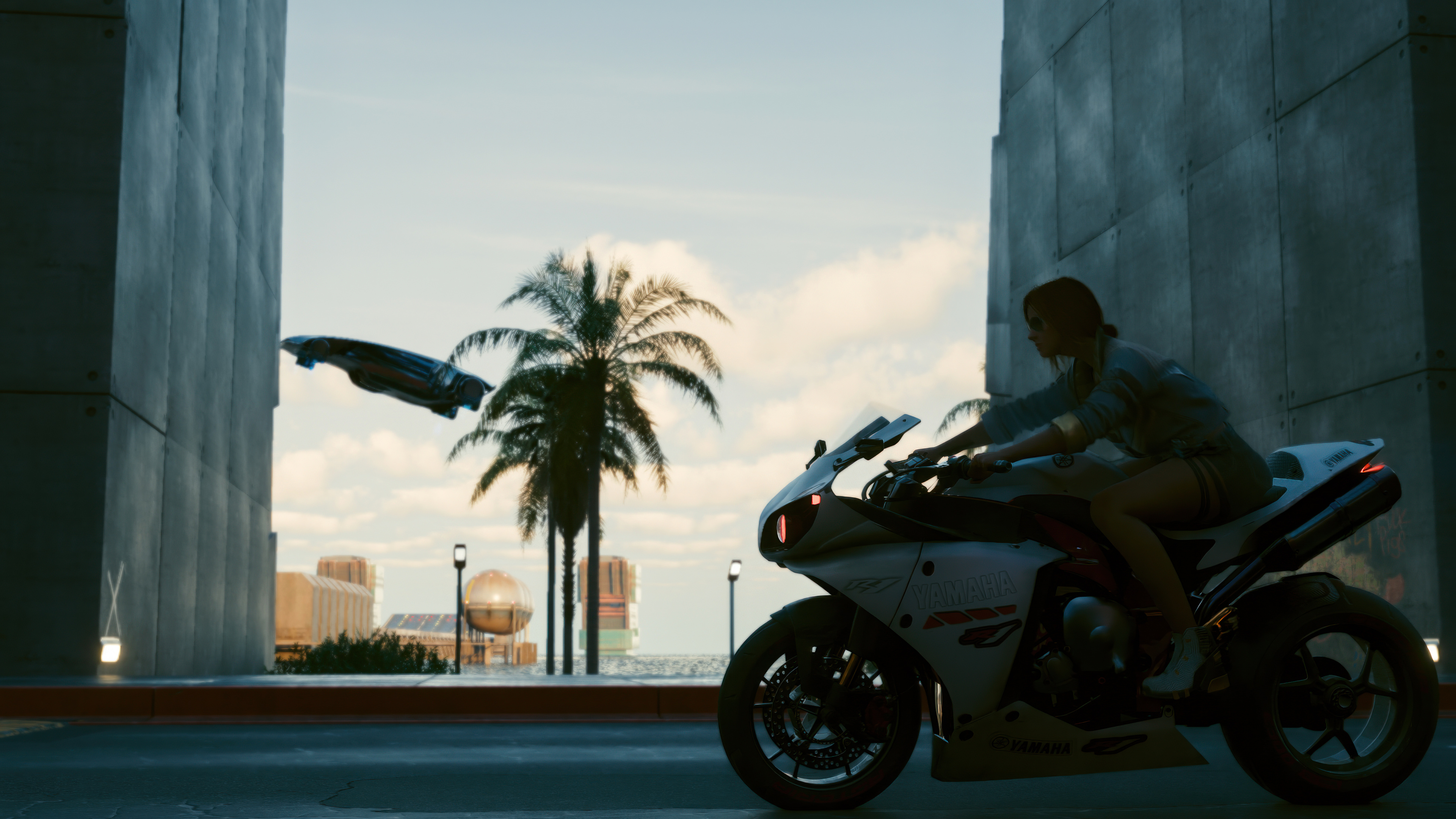 Cyberpunk Cyberpunk 2077 Video Game Art Yamaha Motorcycle Palm Trees Flying Car Road Sky CD Projekt  3840x2160