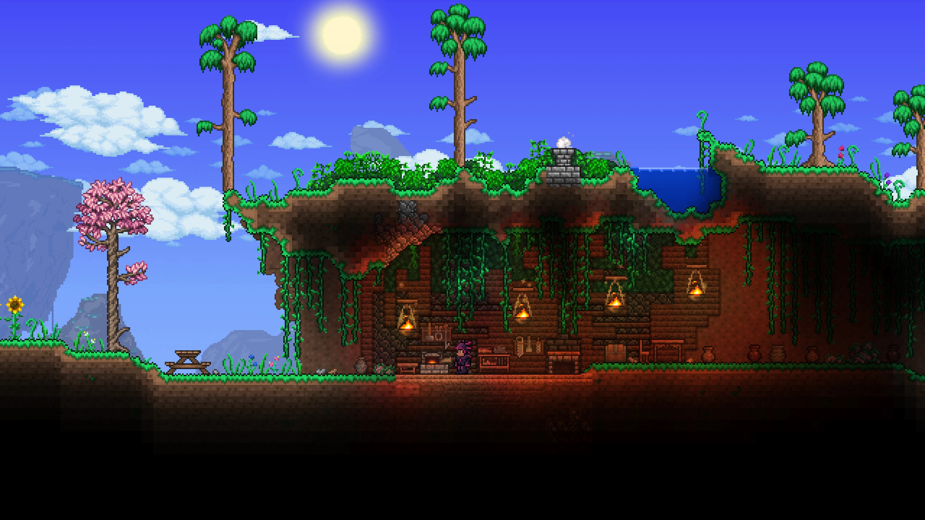 Terraria Pixel Art 2D Sky Clouds Trees Grass 3840x2160