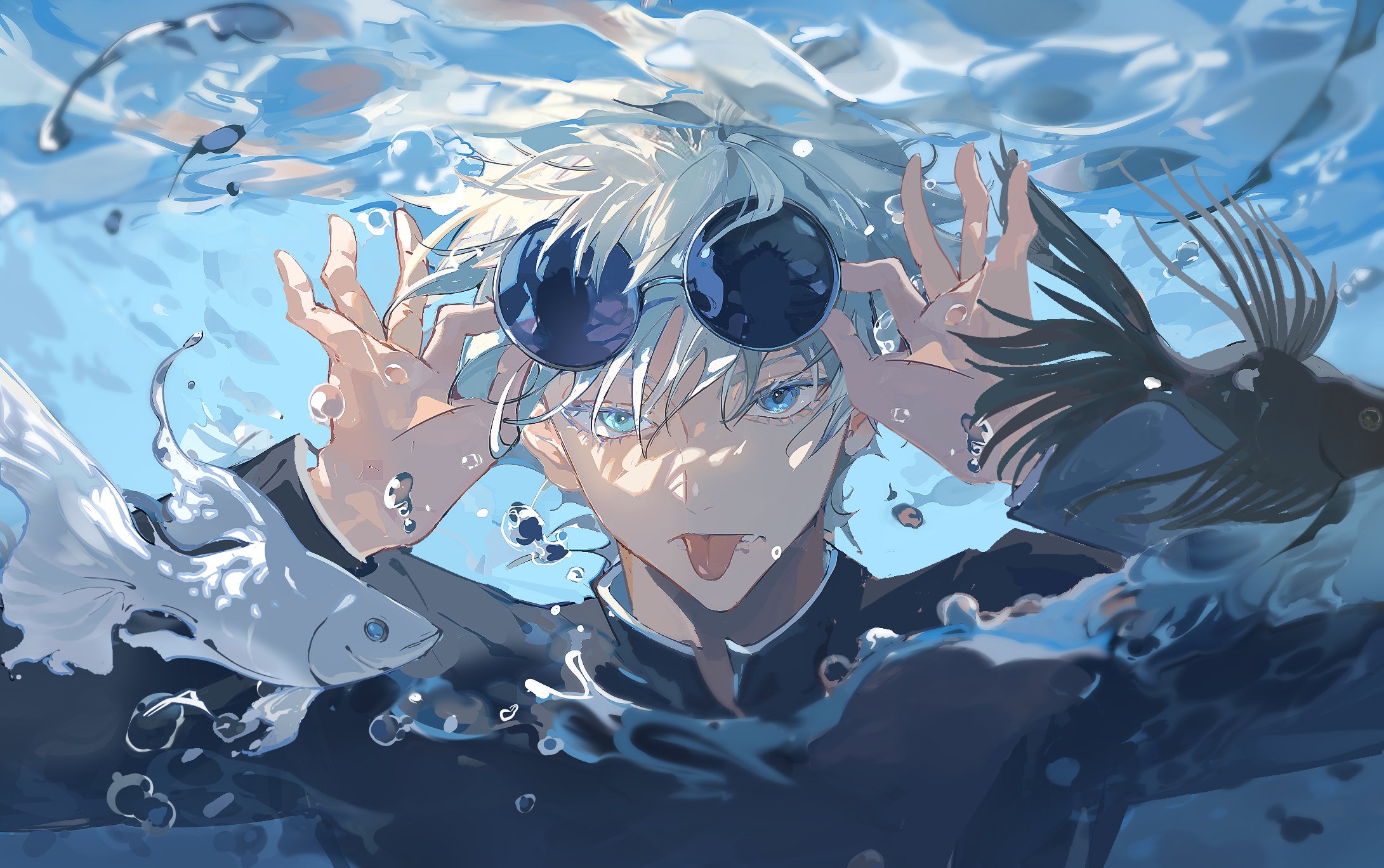 Jujutsu Kaisen Underwater Anime Boys Tongue Out Satoru Gojo White Hair Looking At Viewer Water Seaso 2181x1368