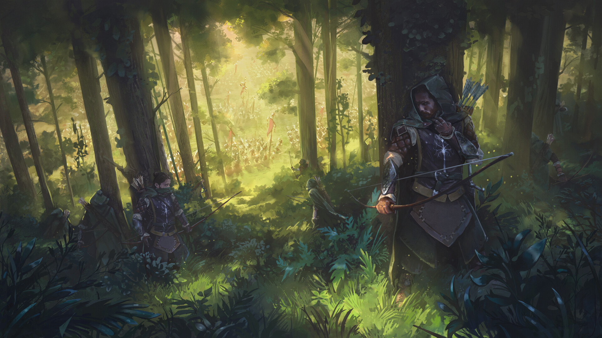 Nikolay Timofeev Drawing Archer Forest Army Hoods Bow And Arrow The Lord Of The Rings 1920x1080