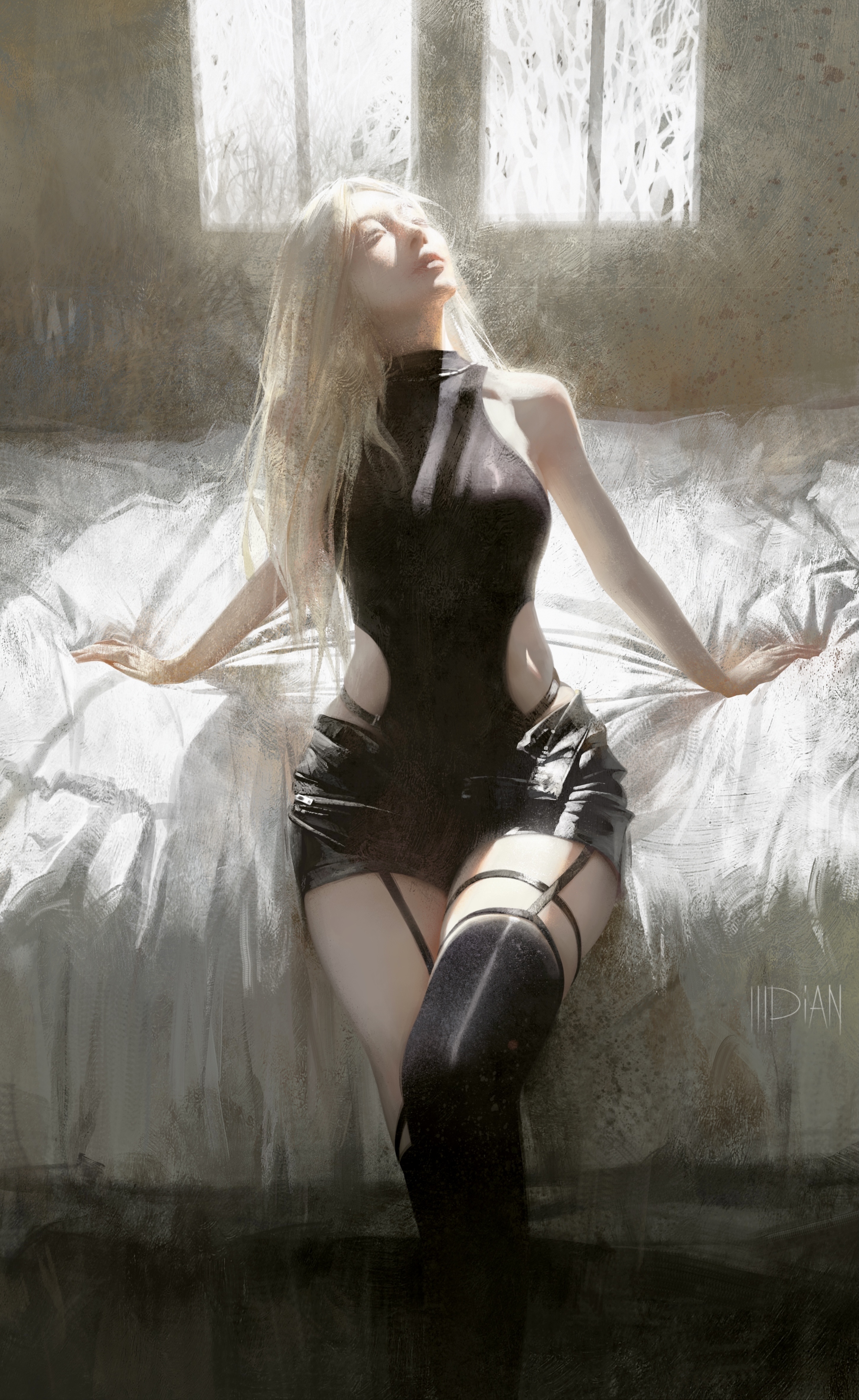 ILLDiAN Digital Art Artwork Illustration Women Blonde Room Bed Sunlight Signature 2899x4724