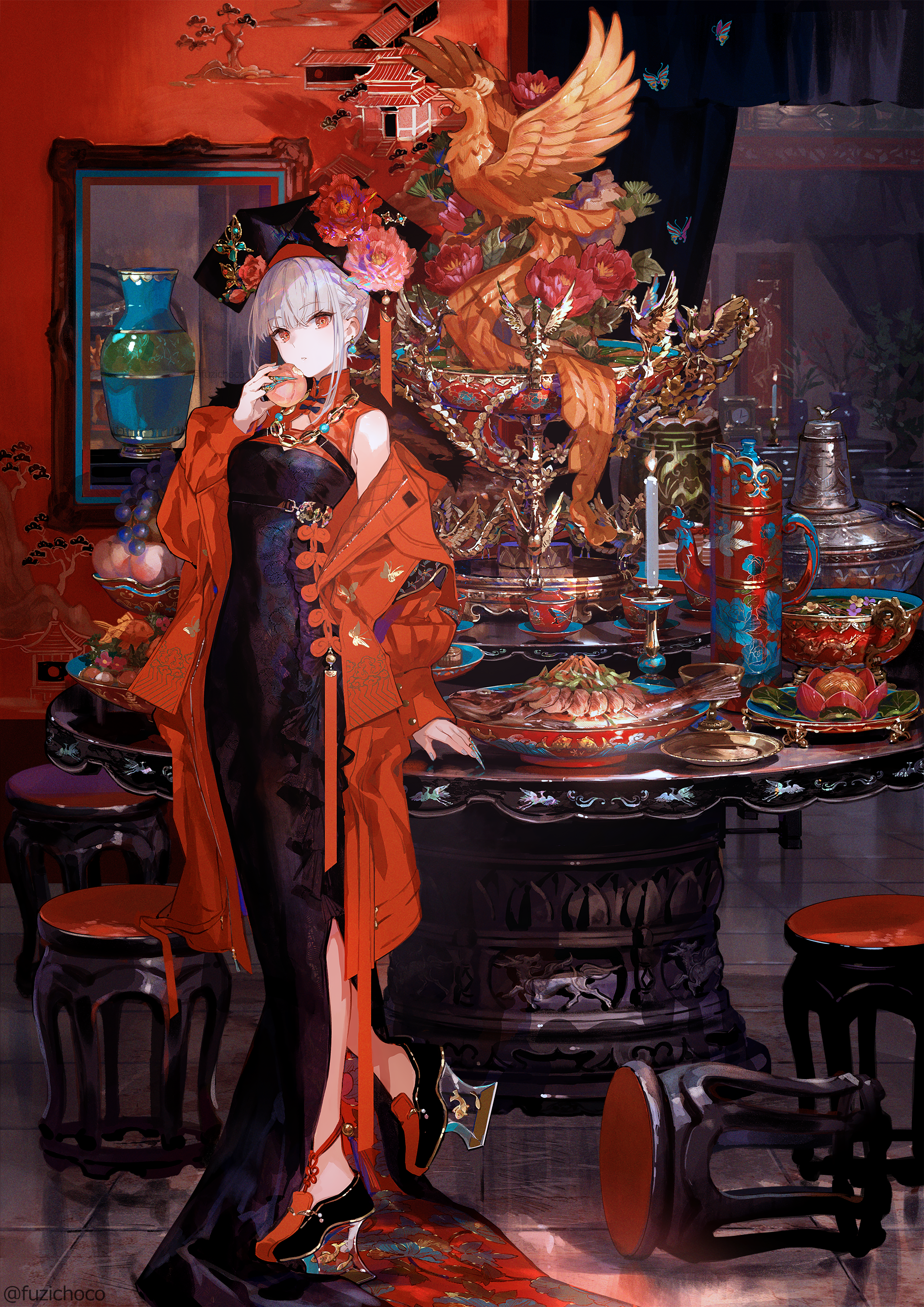 Fuji Choko Chinese Dress Portrait Display Indoors Women Indoors Eating Looking At Viewer Food Candle 1909x2700