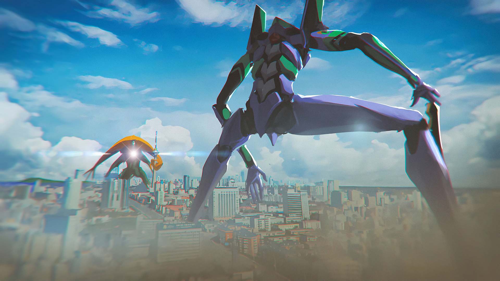 Anime Neon Genesis Evangelion EVA Unit 01 City Clear Sky Fighting 1920x1080