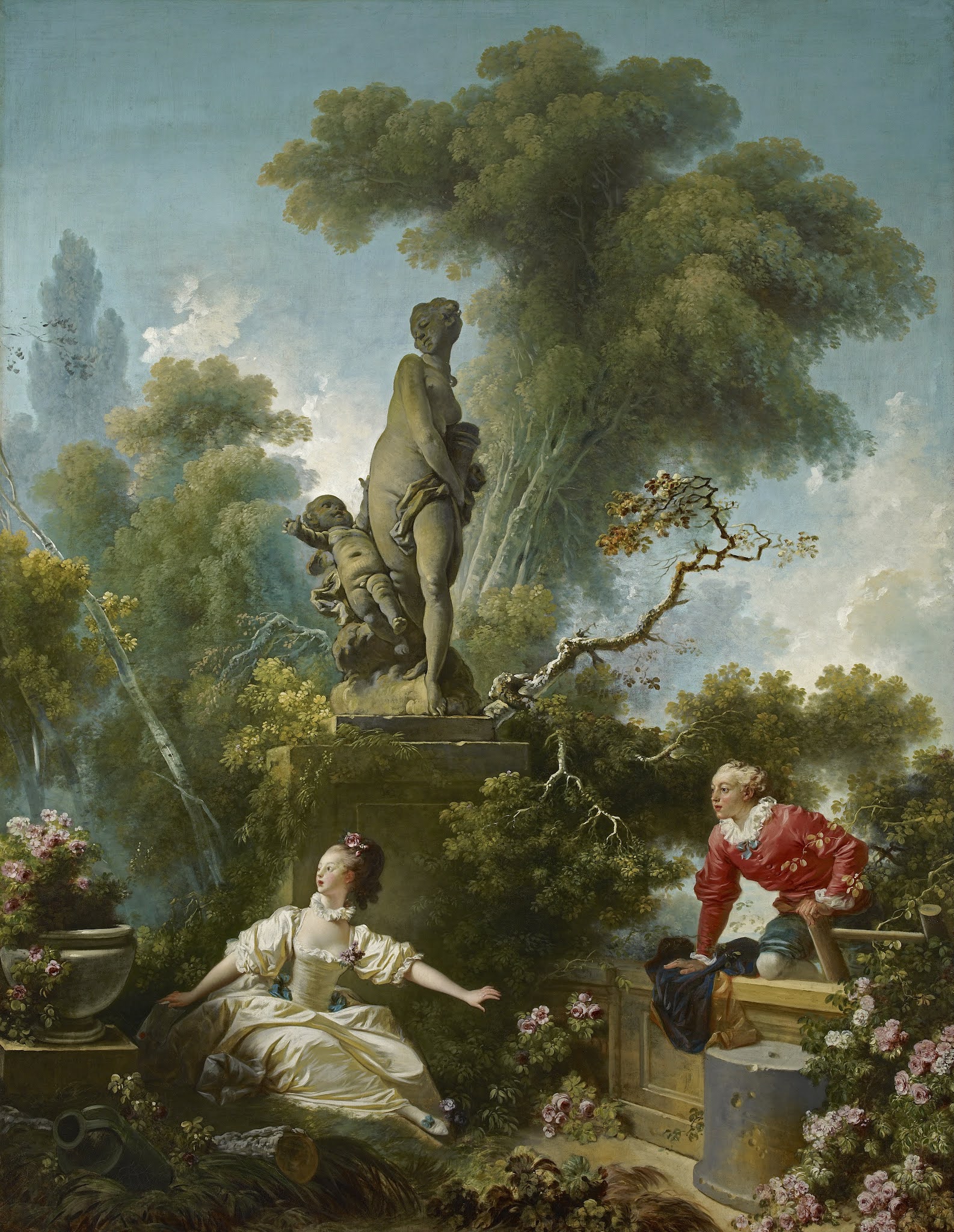 Classic Art Painting Jean Honore Fragonard Statue Trees Flowers Park 1586x2048