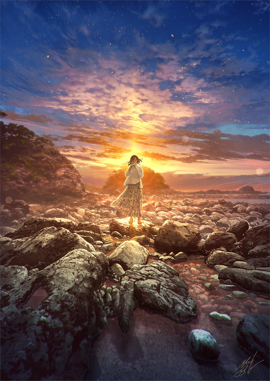 Portrait Display Anime Girls Women Outdoors Sunset Rocks Sky Clouds Musical Instrument Skirt Sunset  933x1318