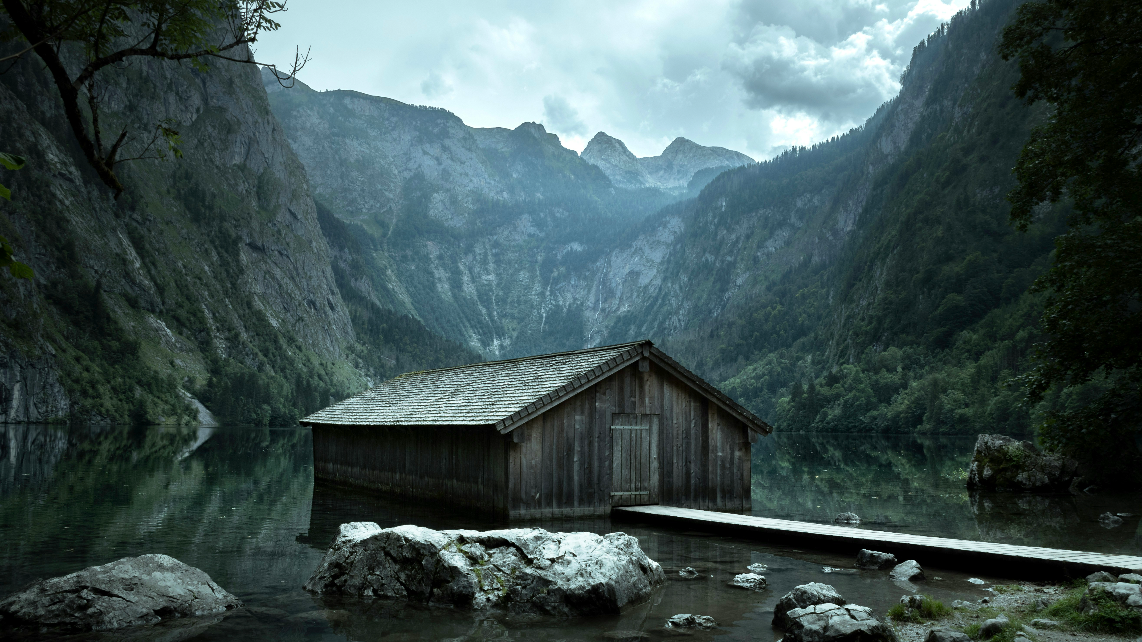 Nature Landscape Trees Plants Water Rocks Reflection Clouds Mountains Valley Abandoned Cabin Obersee 3840x2160