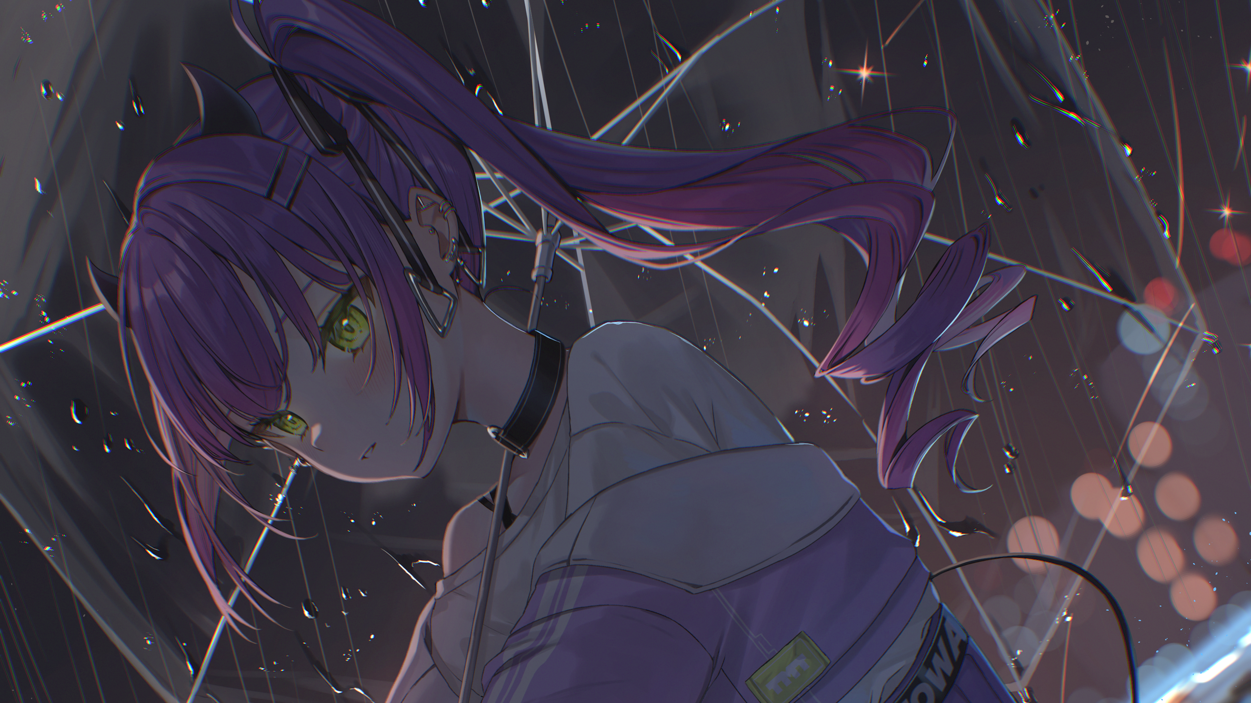 Anime Anime Girls Earring Purple Hair Choker Green Eyes Rain Umbrella 2560x1440