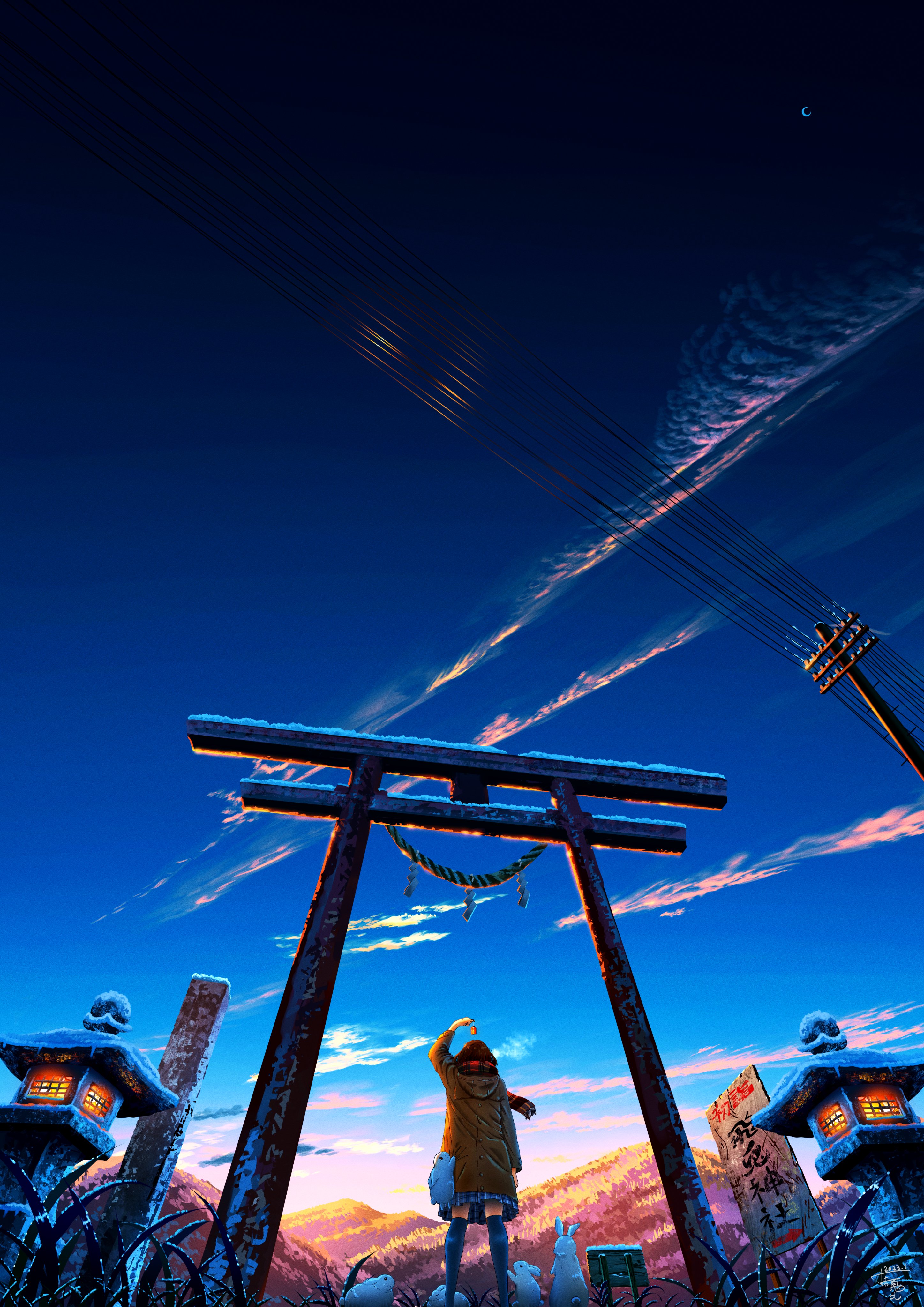 Shuu Illust Anime Girls Schoolgirl School Uniform Rear View Crescent Moon Low Angle Power Lines Util 2895x4096