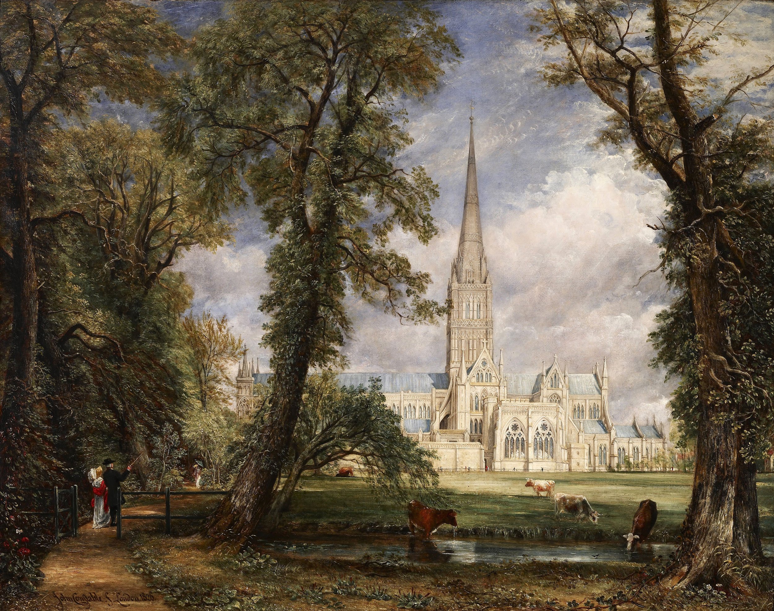 Classic Art Painting John Constable Cathedral Park Animals Lake Trees Cow Lawns 2500x1974