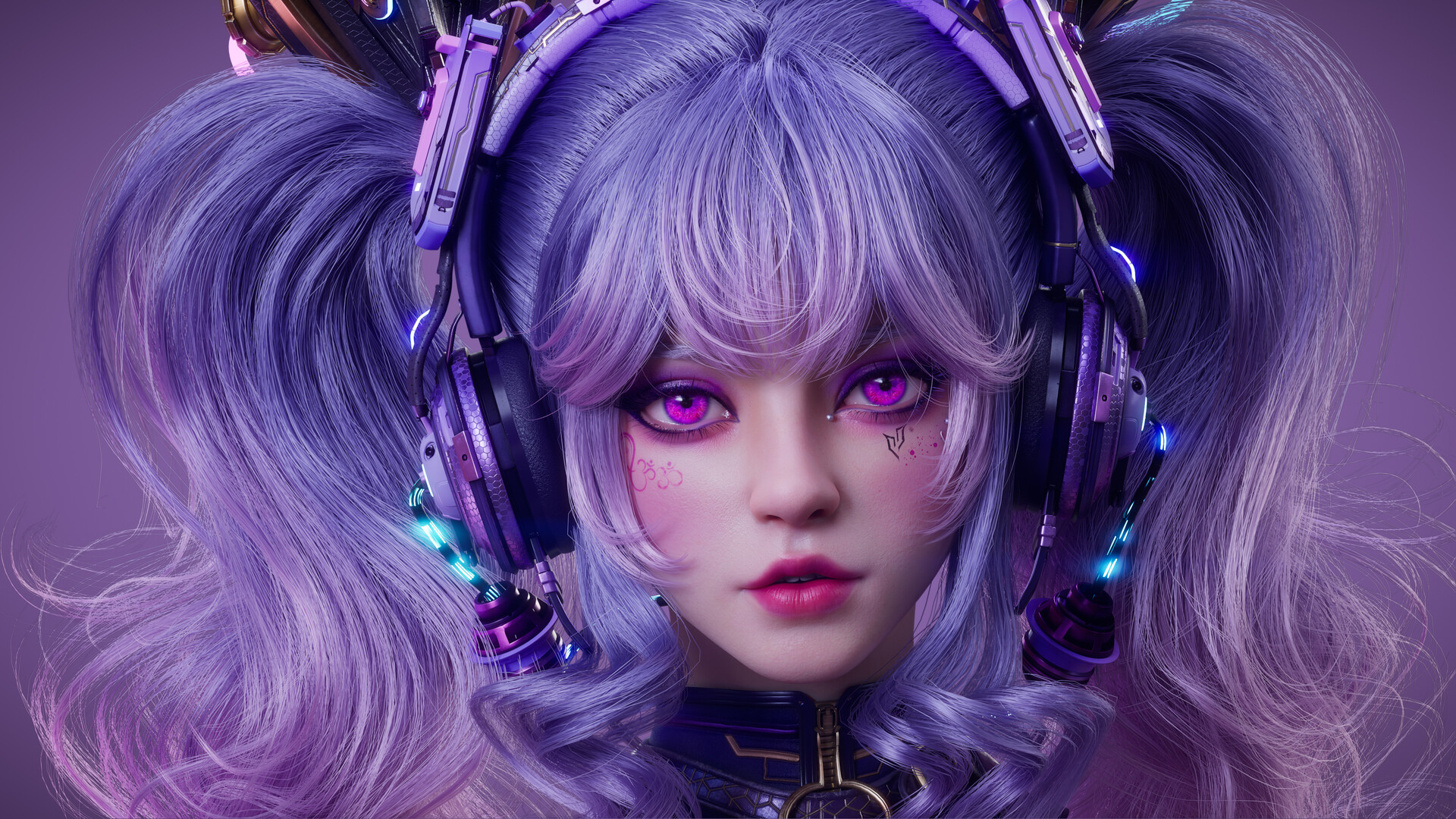 Yang Bin CGi Women Purple Hair Twintails Portrait 1920x1080