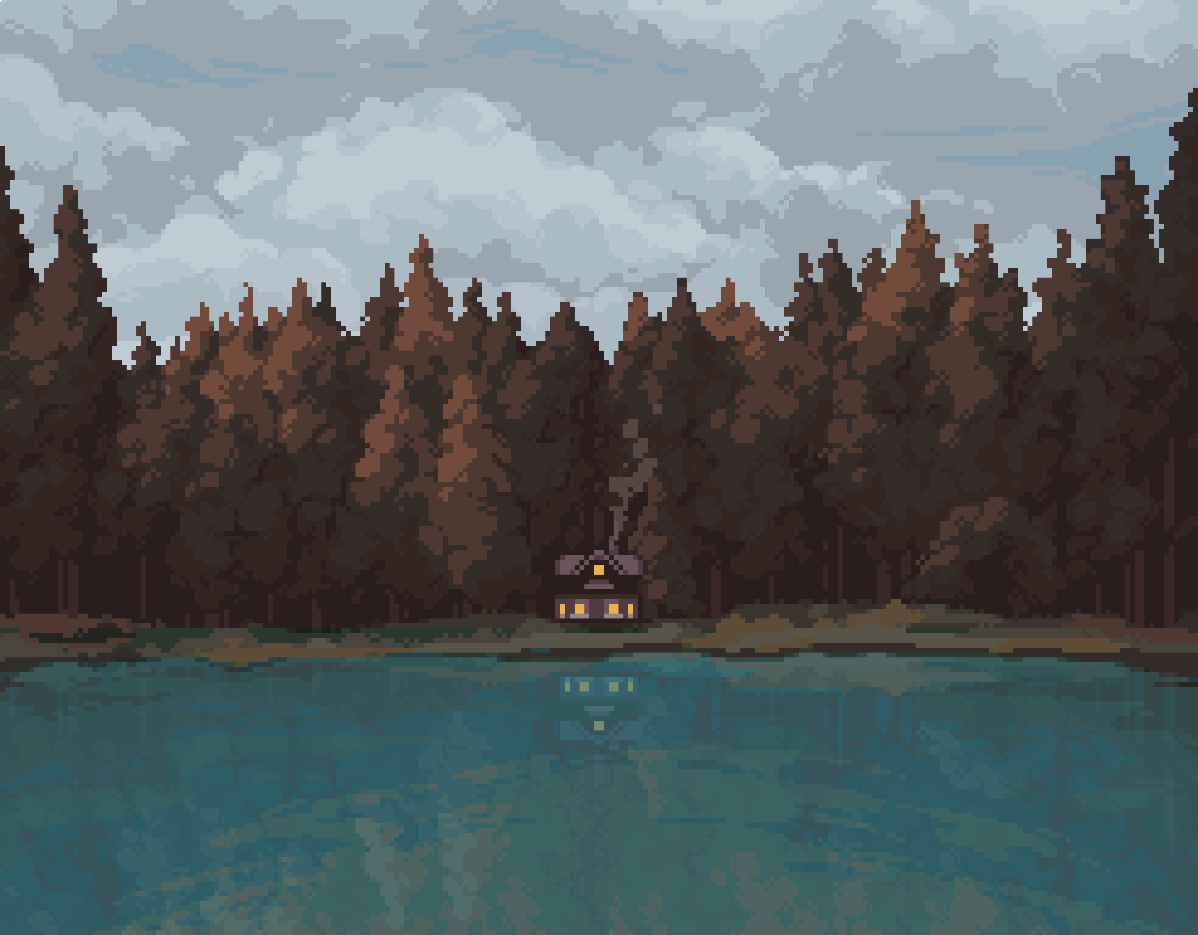 Entairon Kizon Lake Shack Forest Trees Clouds Pixel Art Digital Art Artwork Reflection 3840x2997