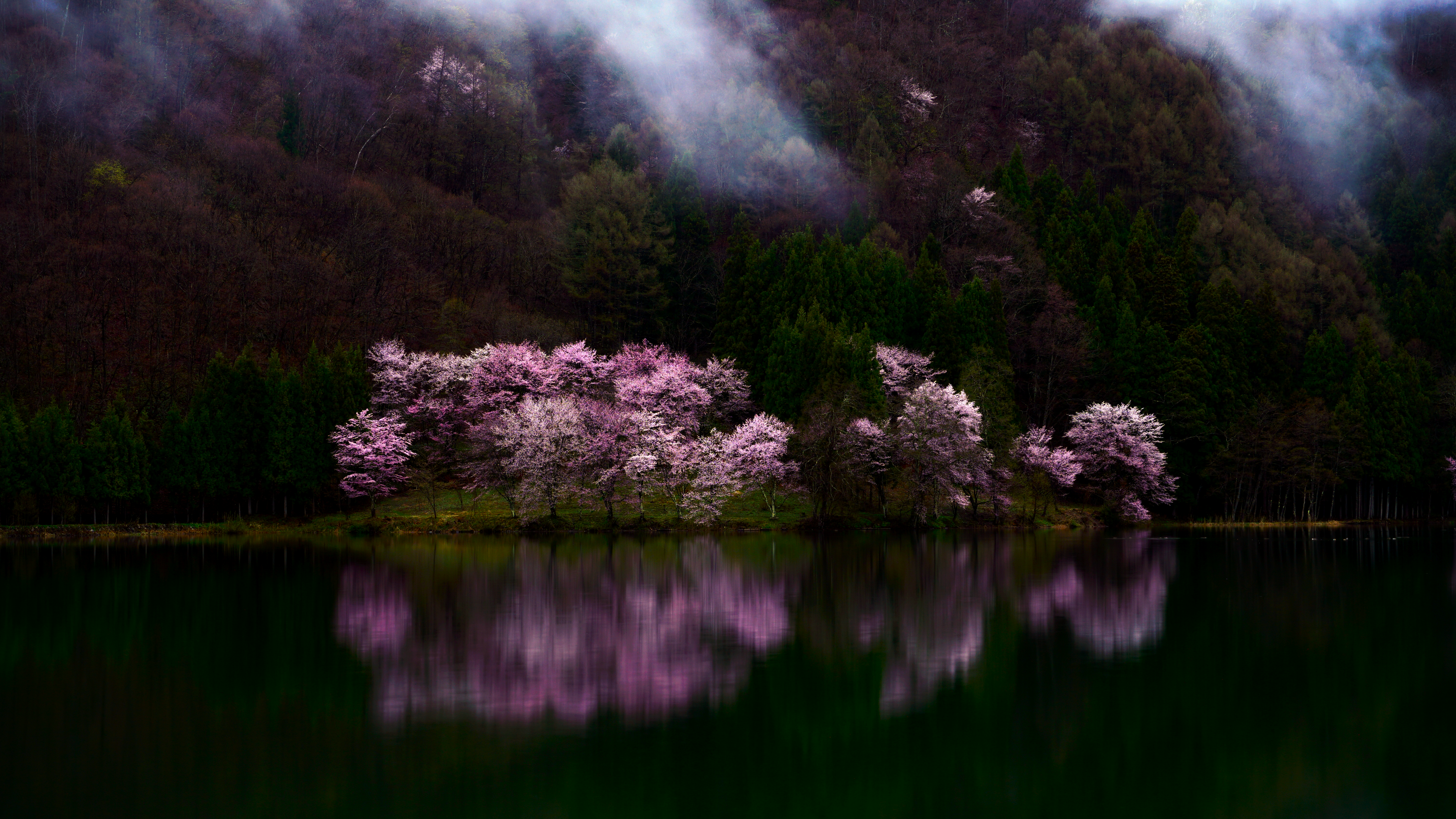 Nature Landscape Trees Mountains Water Forest Cherry Blossom Low Light Valley Lake Nakatsuna Lake Na 3840x2160