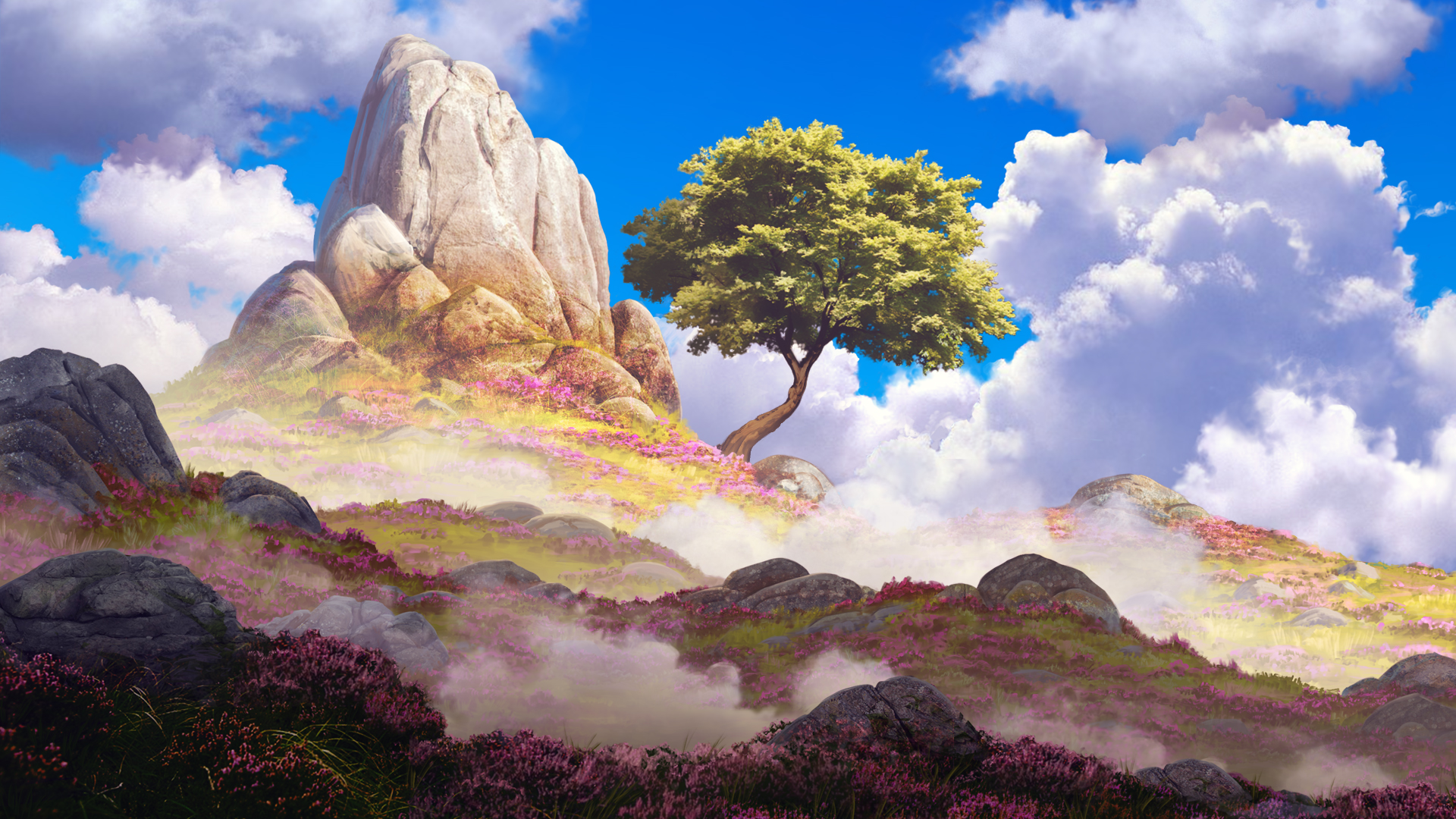 Rocks Clouds Sky Flowers Trees Fog Nature Daniel Conway Outdoors Mist 1920x1080