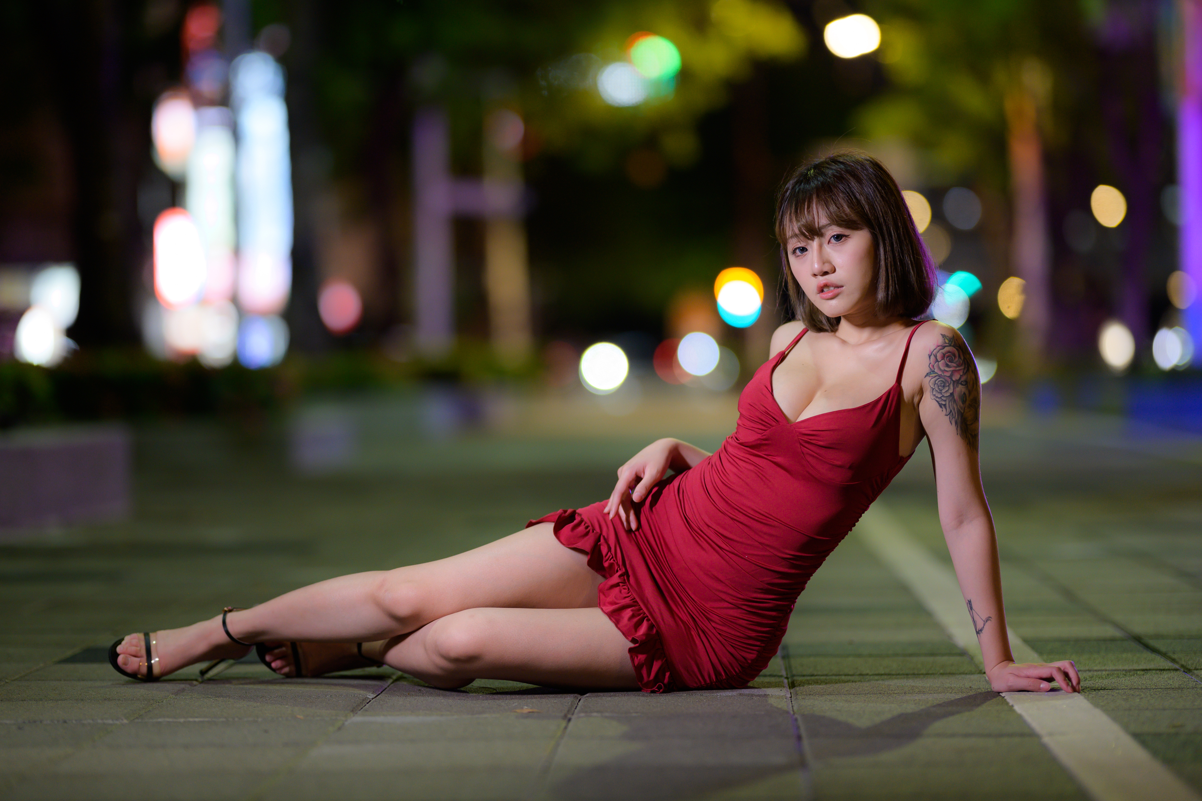 Asian Women Model Short Hair Dark Hair Tattoo Barefoot Sandal Brunette Red Dress Legs Women Outdoors 3840x2560