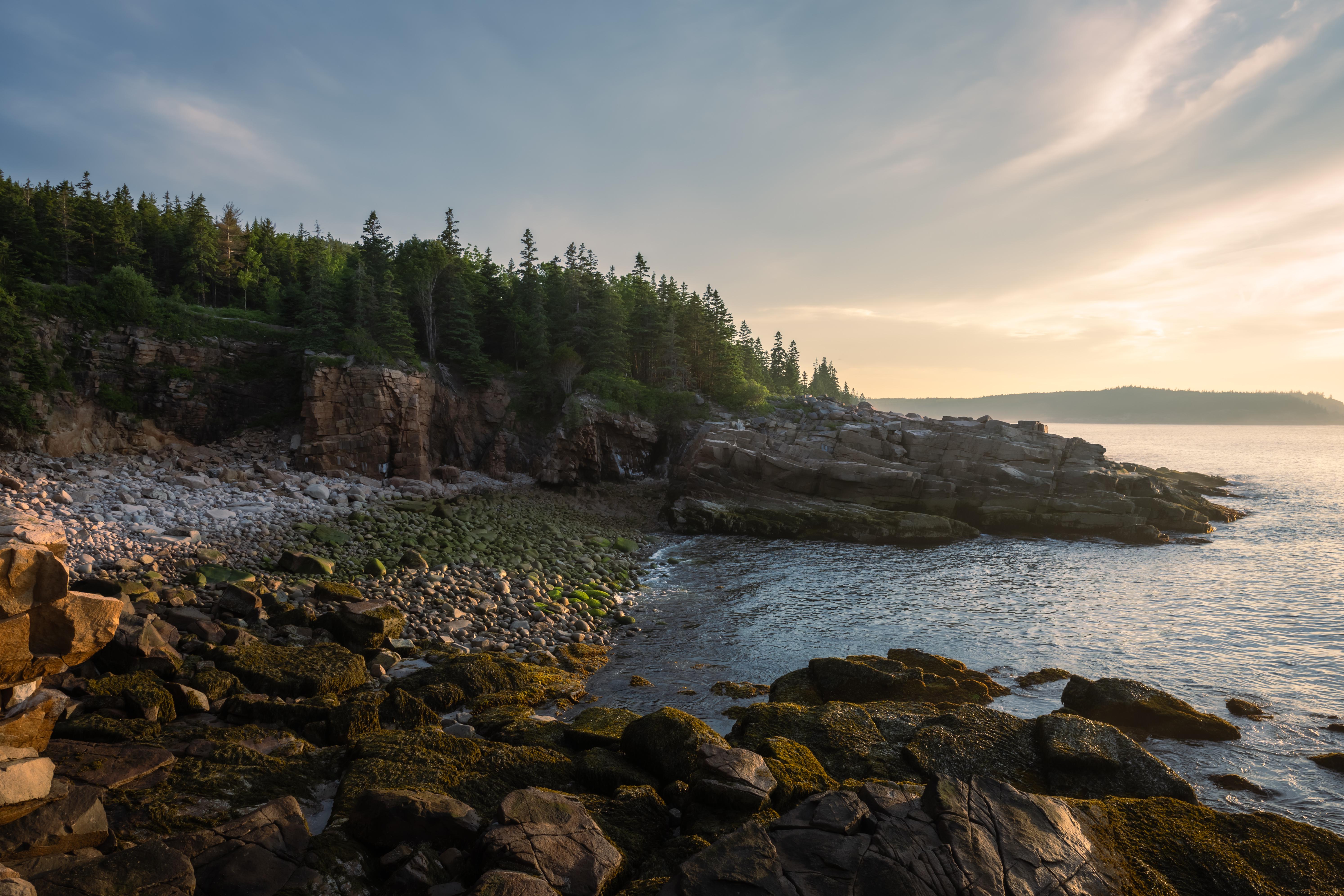 Coast Nature Landscape Forest Rocks Cliff National Park Maine USA North America Sunset 5975x3983