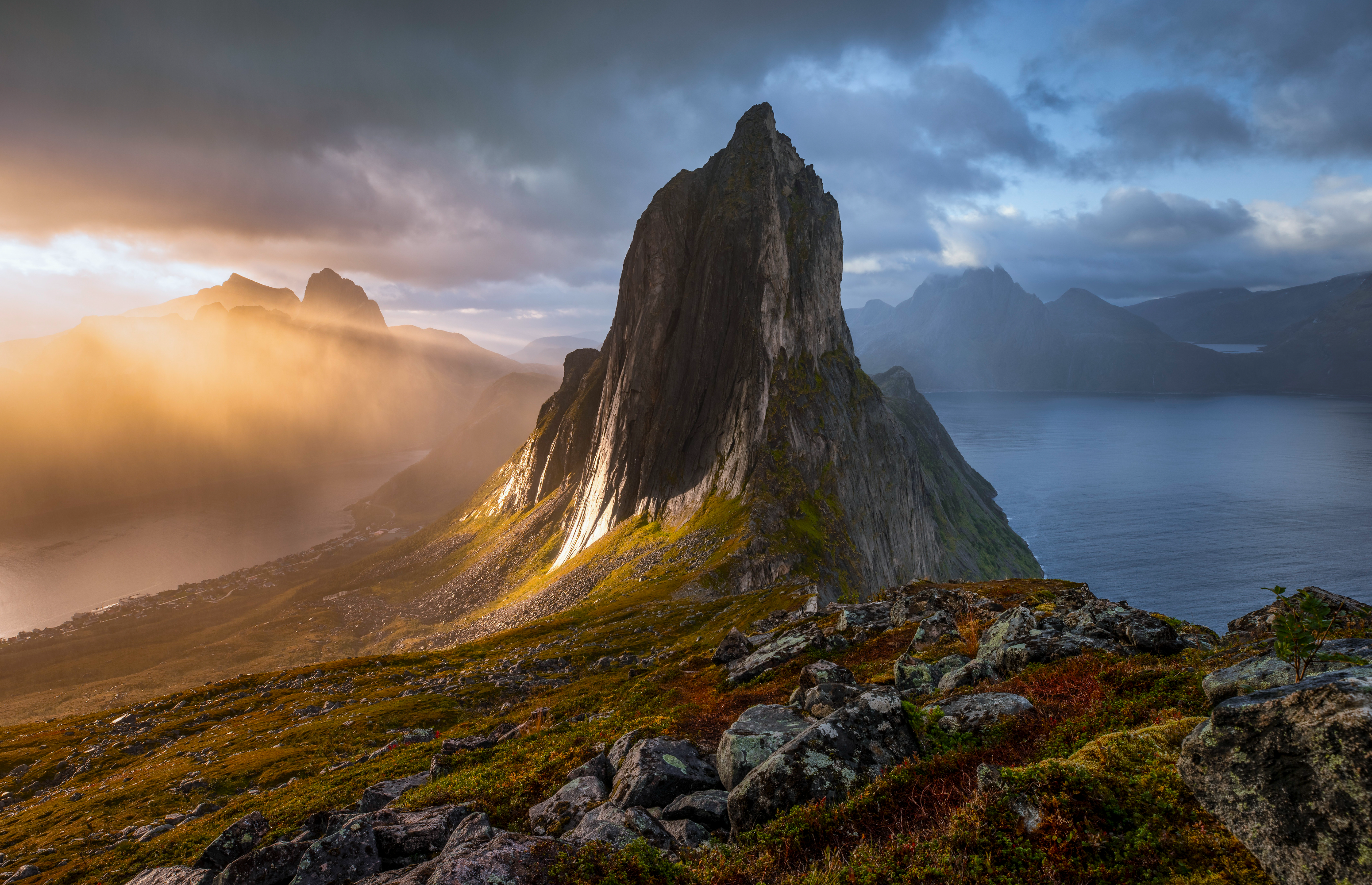 Nature Landscape Mountains Rocks Clouds Sunlight Water Grass River Sun Rays Senja Norway Andrew Robe 3100x2000