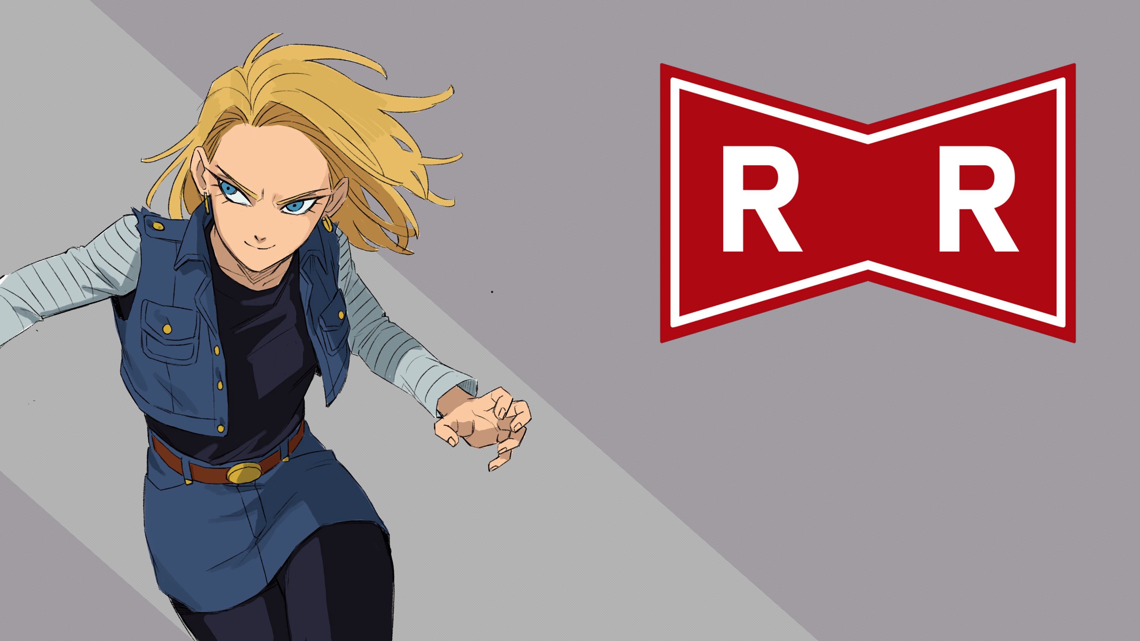 Android 18 Blonde Red Ribbon Red Ribbon Army Fighting Stance Fighting Blue Eyes Smiling Long Sleeves 3840x2160