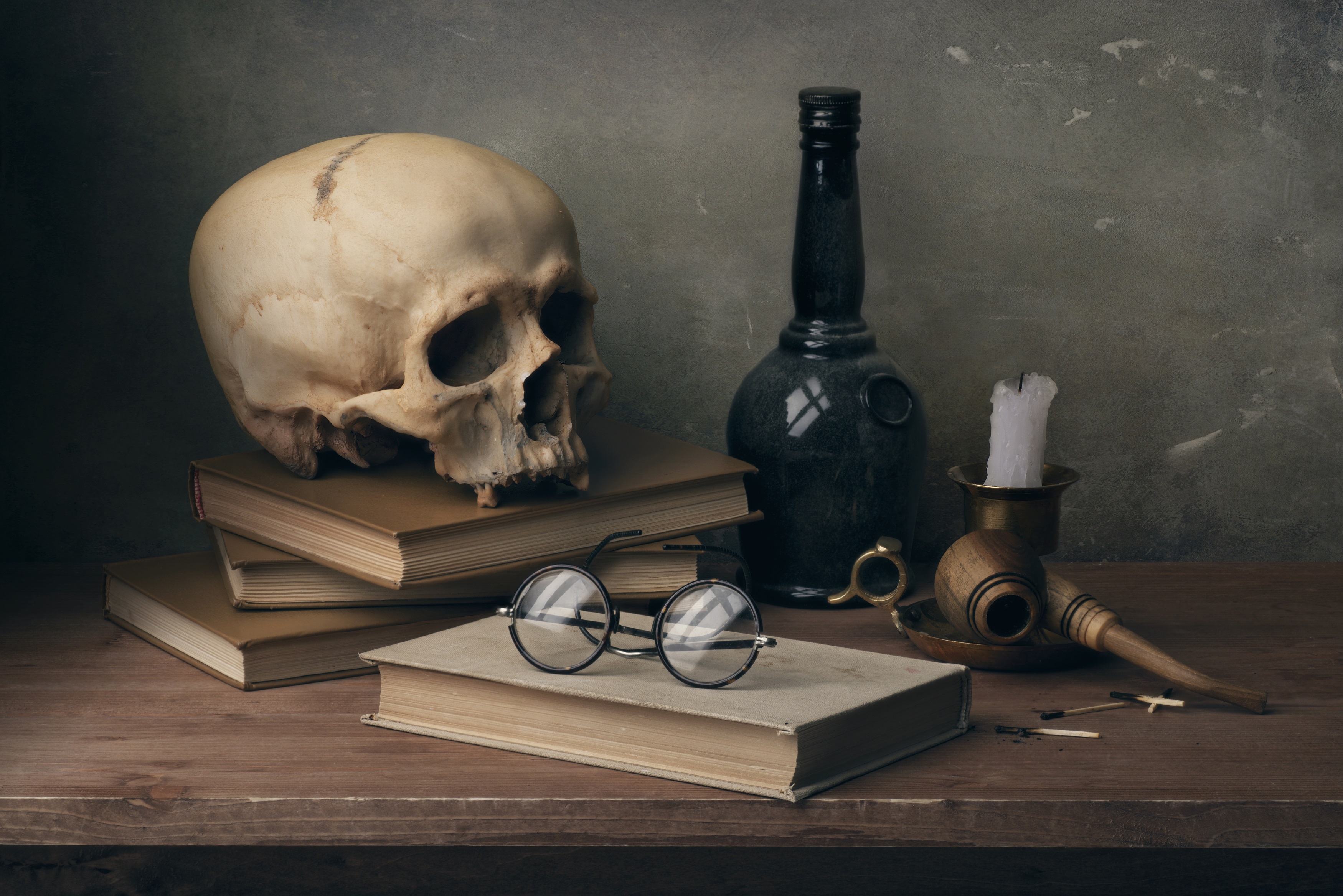 Maksim Vyshar Still Life Books Candles Skull Matches Bottles 3500x2336