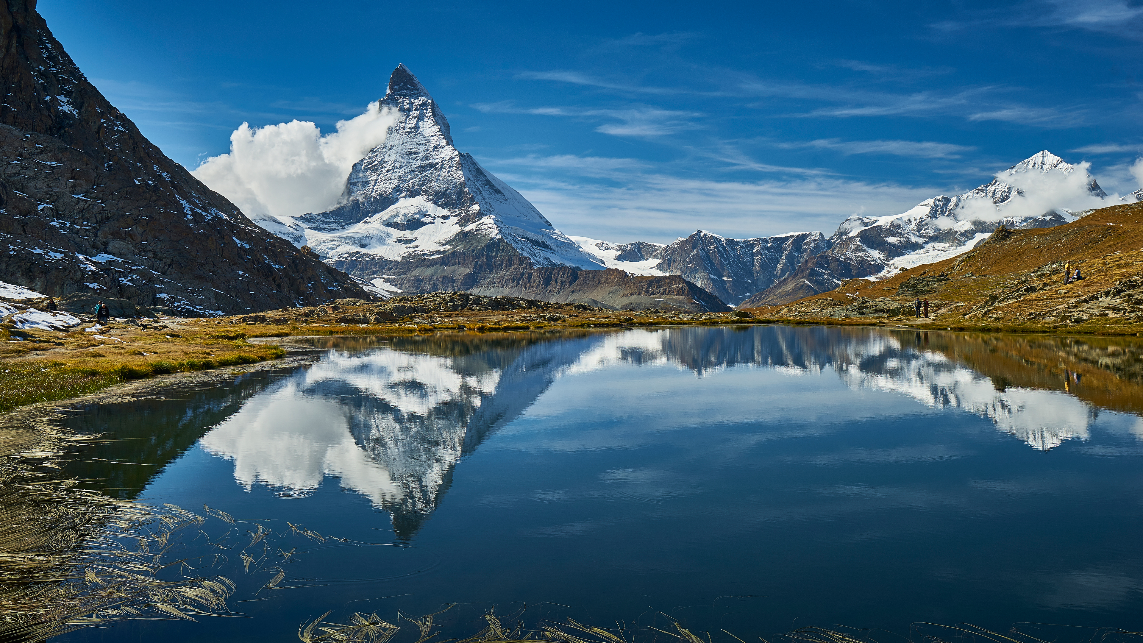 Nature Landscape Mountains Lake Water Clouds Sky People Reflection Rocks Snow Grass Matterhorn Alps  3840x2160