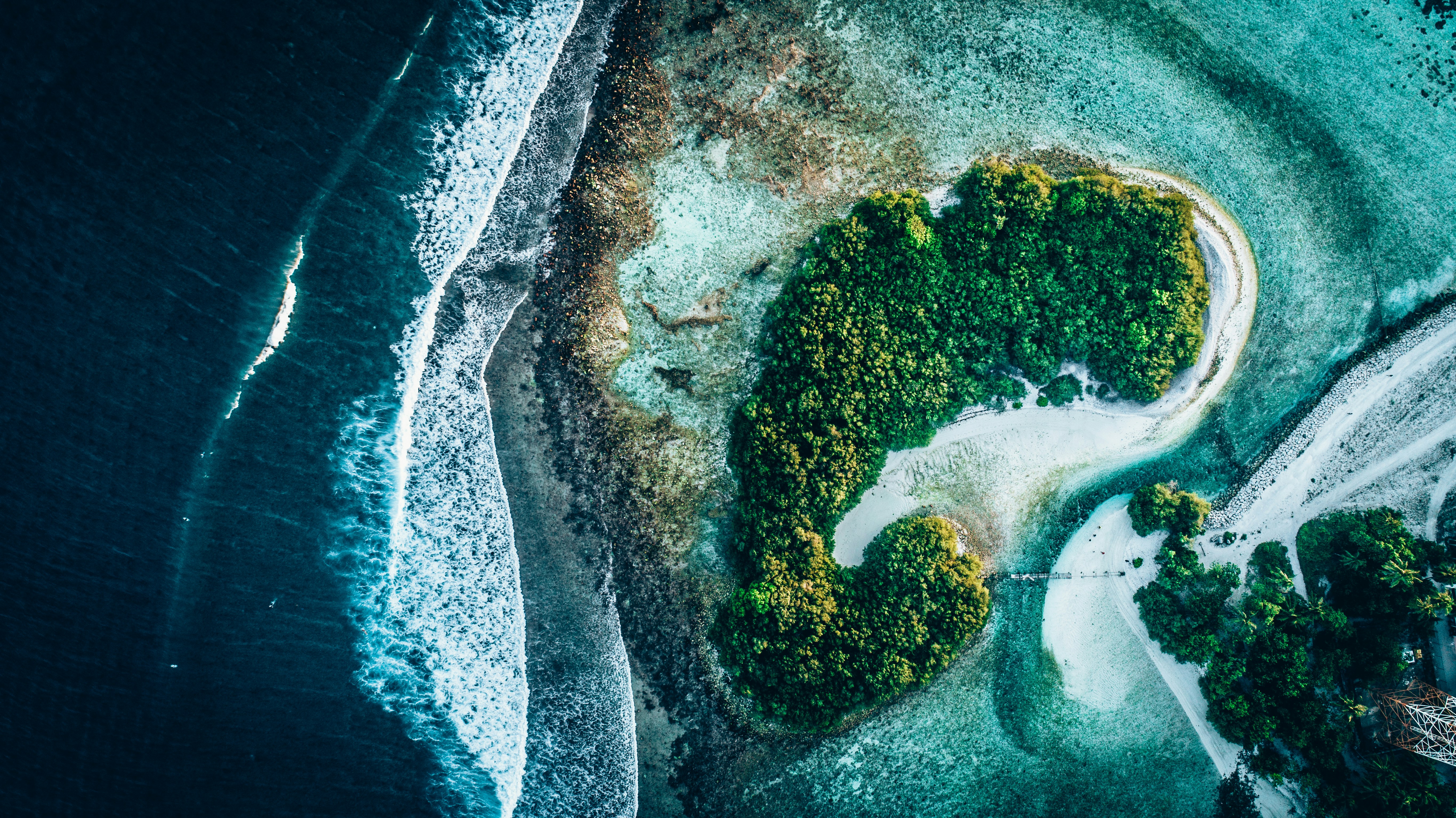 Nature Landscape Water Waves Sea Island Trees Tower Rocks Drone Photo Aerial View Coast Maldives 5464x3070