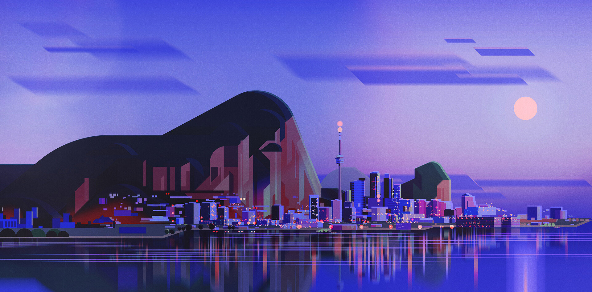 City Night Moon Reflection Water Mountain View Building Skyscraper Tower James Gilleard 1920x949