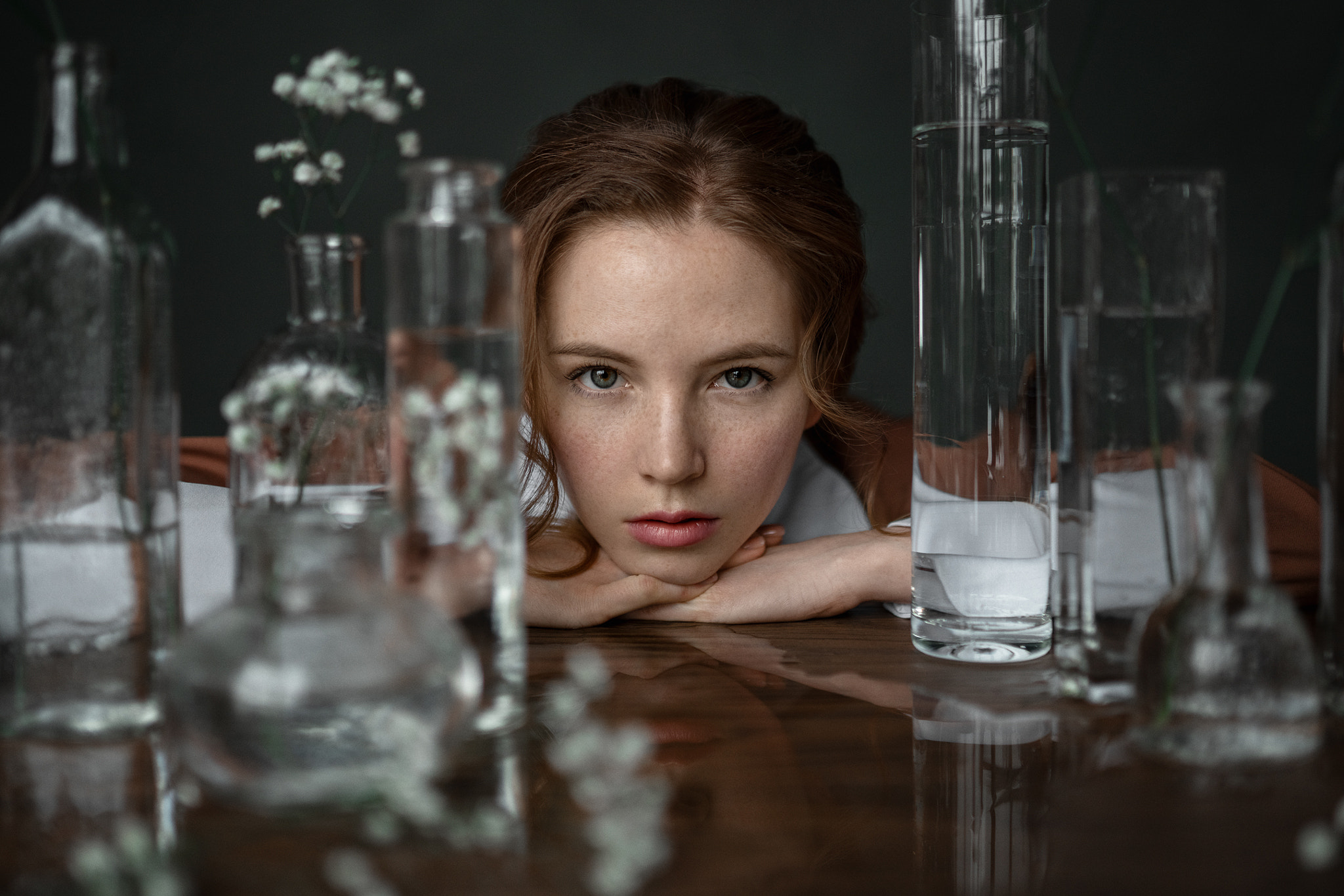 Aleksandr Kurennoi Women Freckles Glass Portrait Still Life Model Bottles Women Indoors Closeup 2048x1366