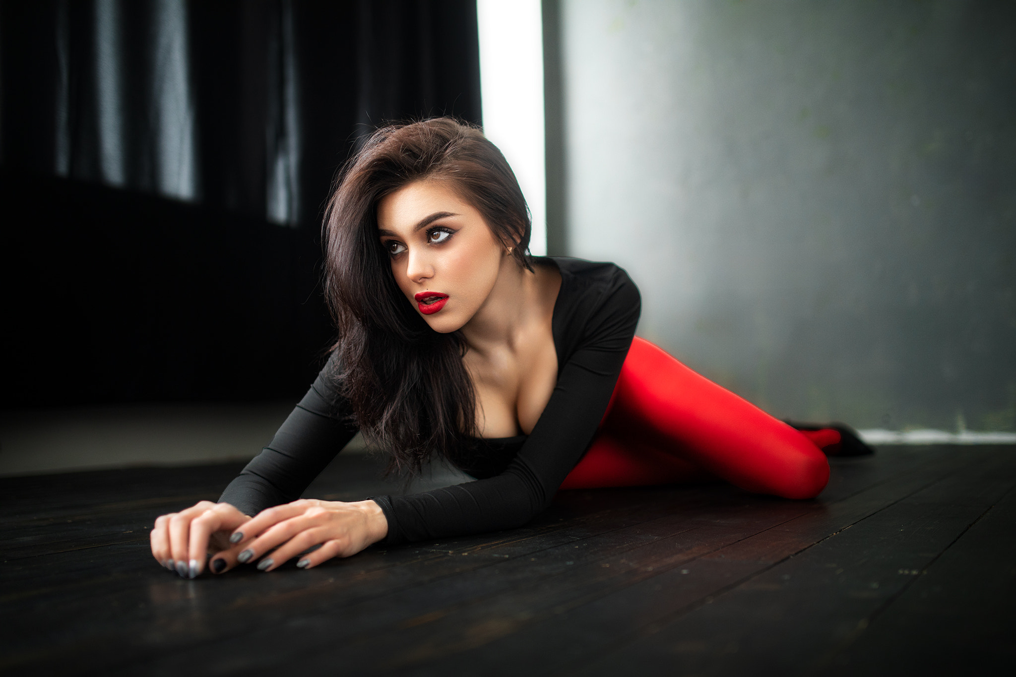 Dmitry Shulgin Women Red Lipstick Black Clothing Red Clothing On The Floor Kristina Romanova Model B 2048x1365