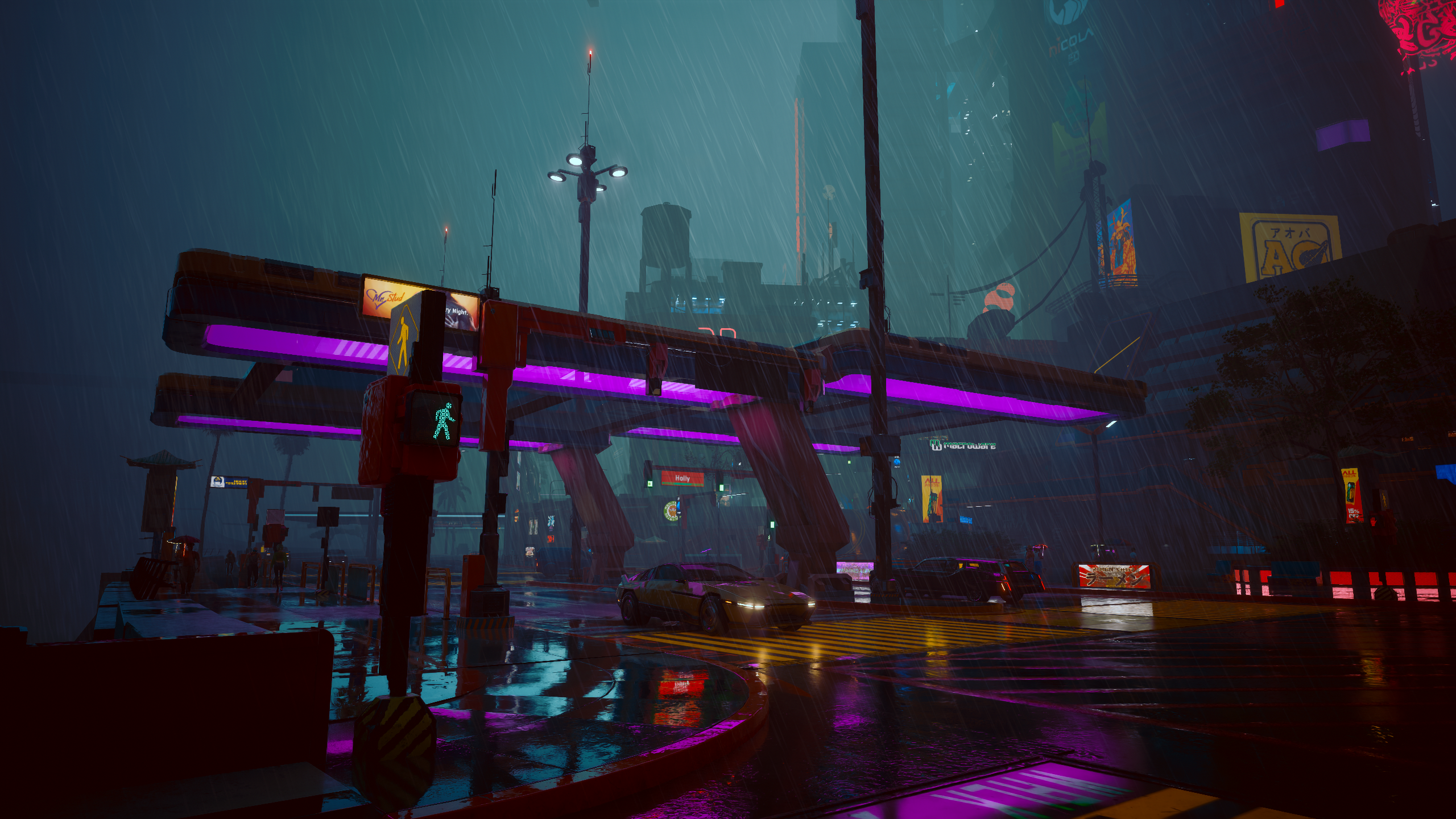 Cyberpunk 2077 City Lights Gas Station Cyber City Video Game Car Video Game Art 2560x1440